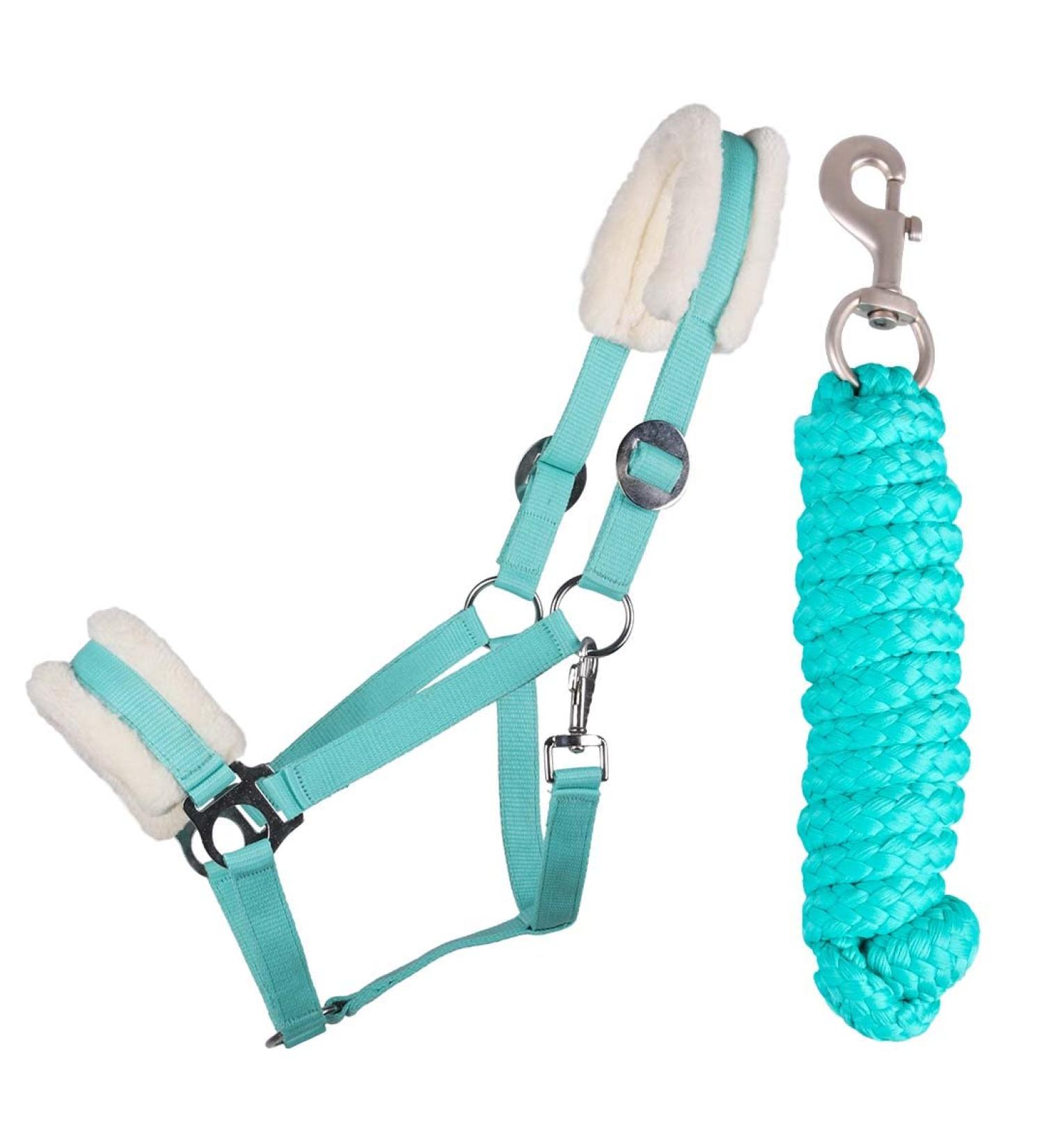 QHP halter set beginner faux fur padding halter + lead rope snap hook (pony turquoise) pony turquoise