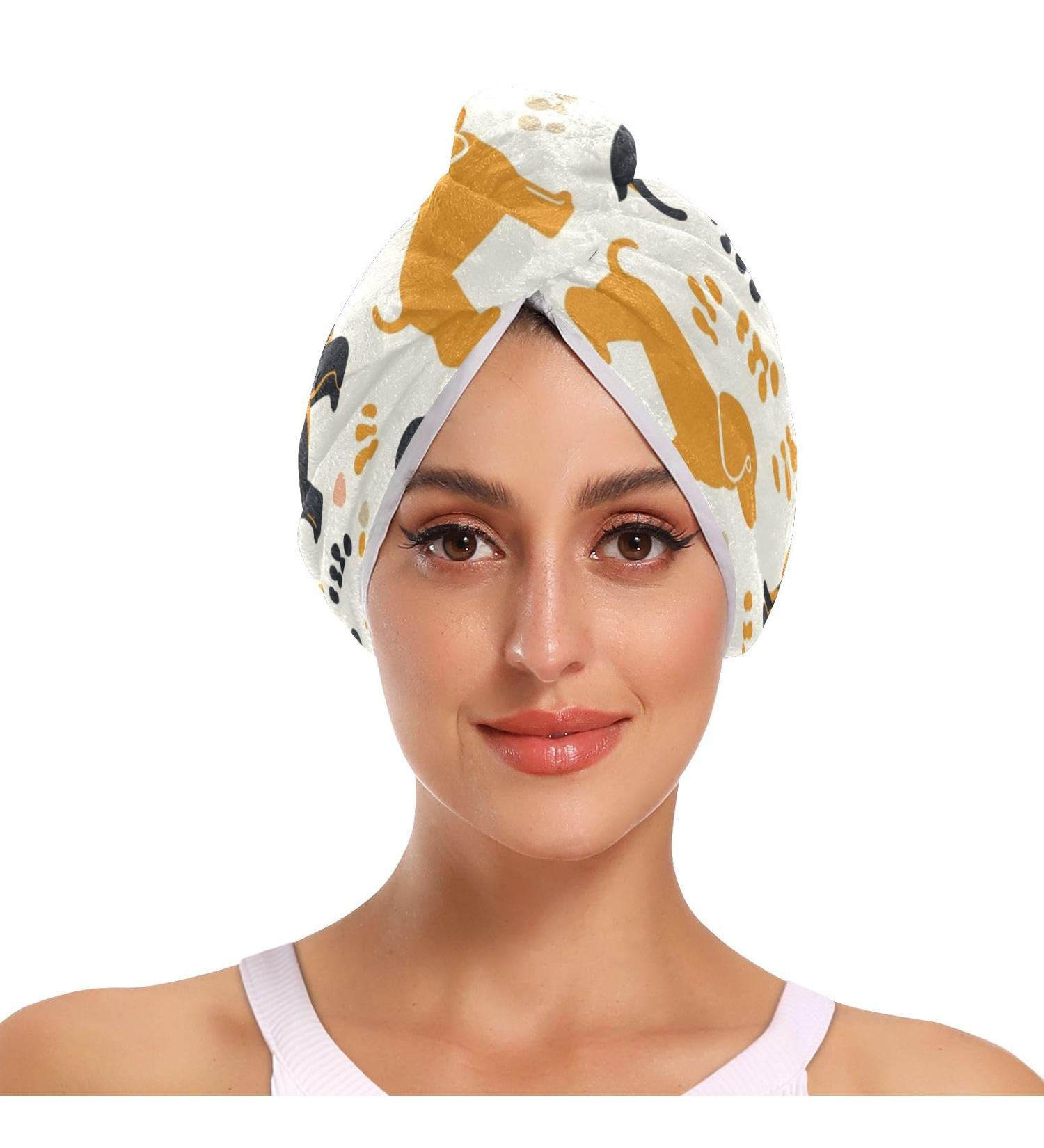 Super Absorbent Yellow Black Dogs Hair Towel 2 Pack - Quick Drying Hair Turbans for Women & Girls - Buy Online on GoSupps.com