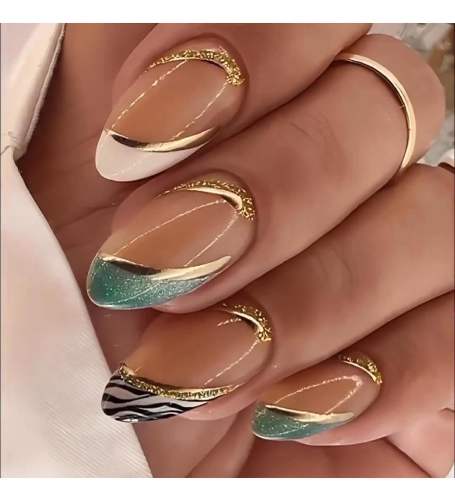 French Tip Press on Nails with Nail Tips Green almond shaped fake nails with black and gold stripe design press on nails Acrylic False Nails Cute Artificial Nails - Buy Online on GoSupps.com