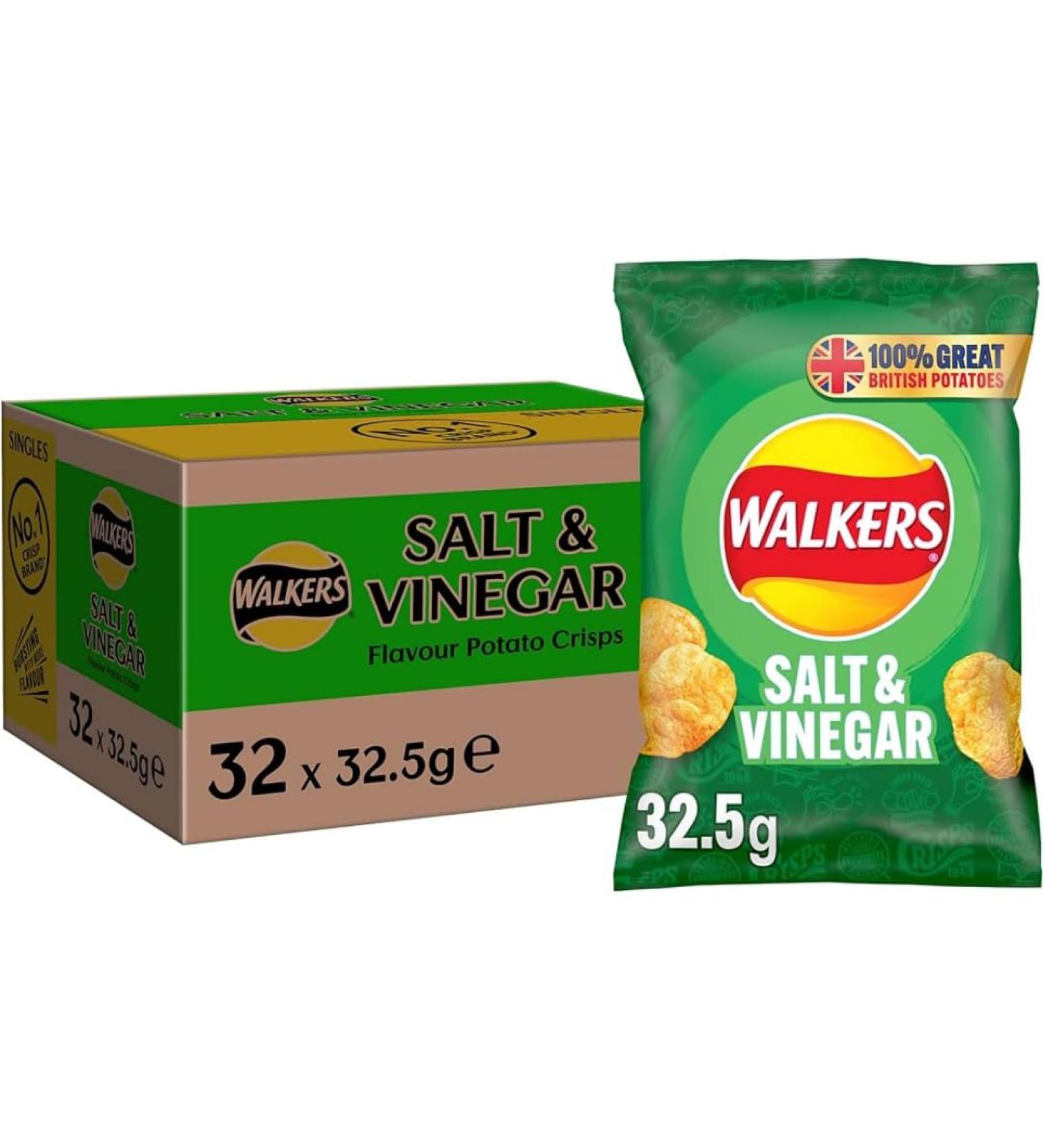Walkers Salt and Vinegar Crisps Chips 32.5g x 32 Pieces - Buy Online on GoSupps.com