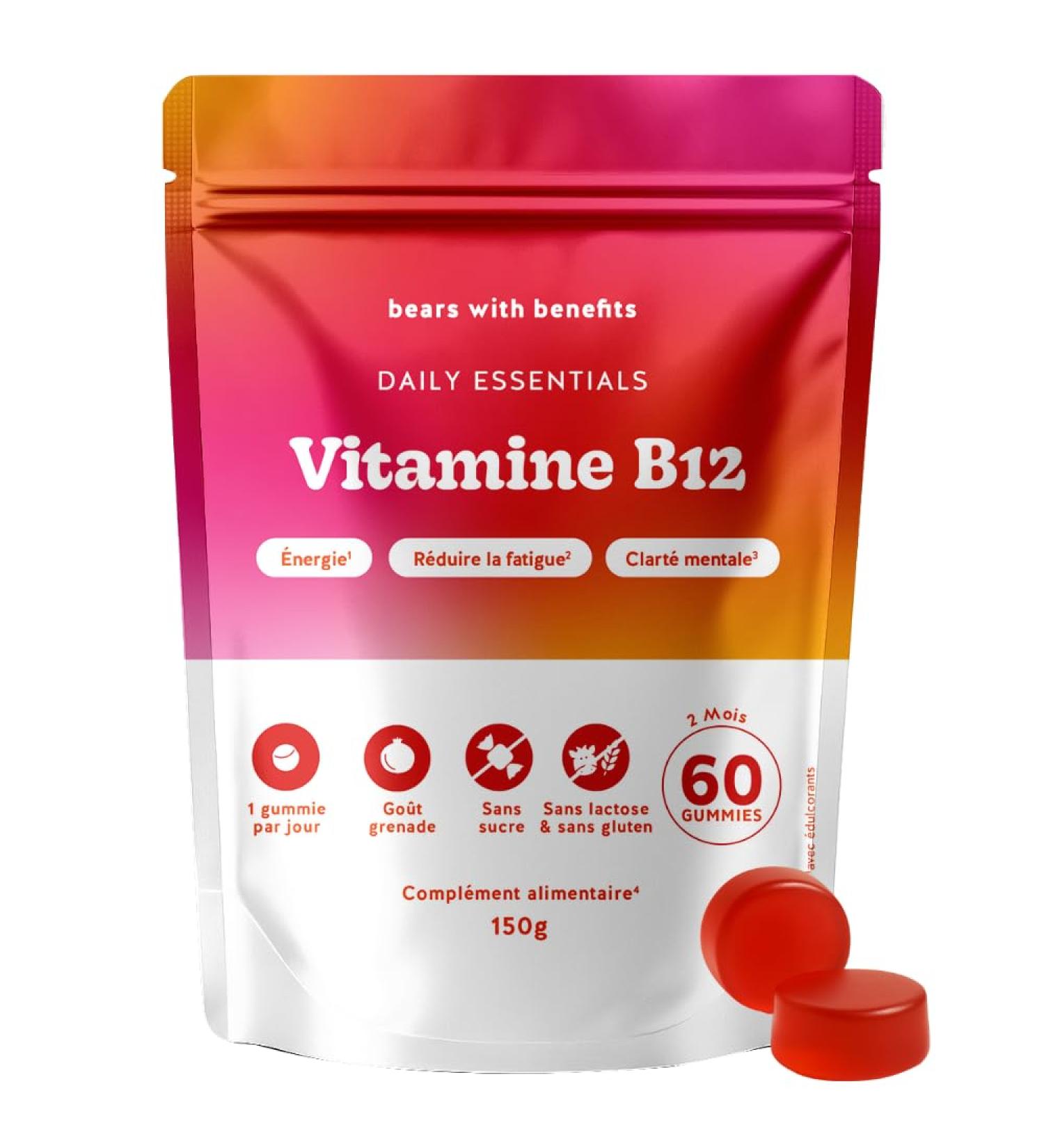 Gummies Vitamine B12 400 g Daily Essentials Contribue au M tabolisme Energ tique Normal R duction de la Fatigue 60 pi ces (2 mois) Vegan Sans Sucre Bears with Benefits NEW FORMAT - Buy Online on GoSupps.com