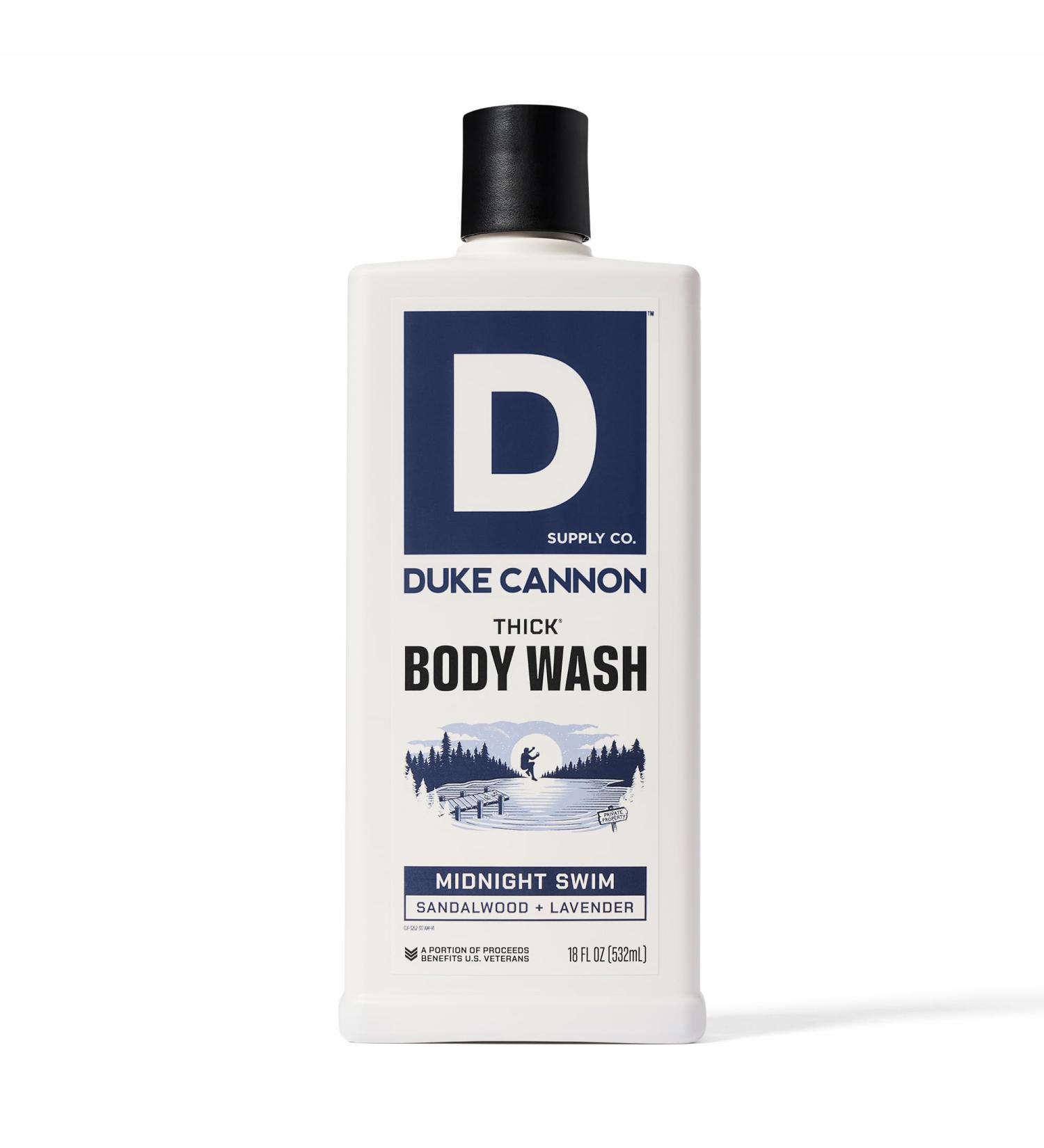 Duke Cannon Supply Co. Thick High Viscosity Body Wash - 3X Thicker Cleansing Shower and Bath Gel Mineral-Enriched Body Wash for Men - Sandalwood + Lavender - Mens Body Scrub - Midnight Swim (18 oz) - Buy Online on GoSupps.com