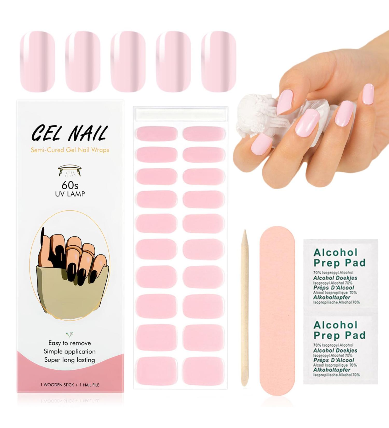 Semi Cured Gel Nail Strips - Pink Semi Cured Nail Wraps - Soft Self-Adhesive Gel Nail Stickers with Nail File Stick - Long Lasting French Tip Stickers - Buy Online on GoSupps.com