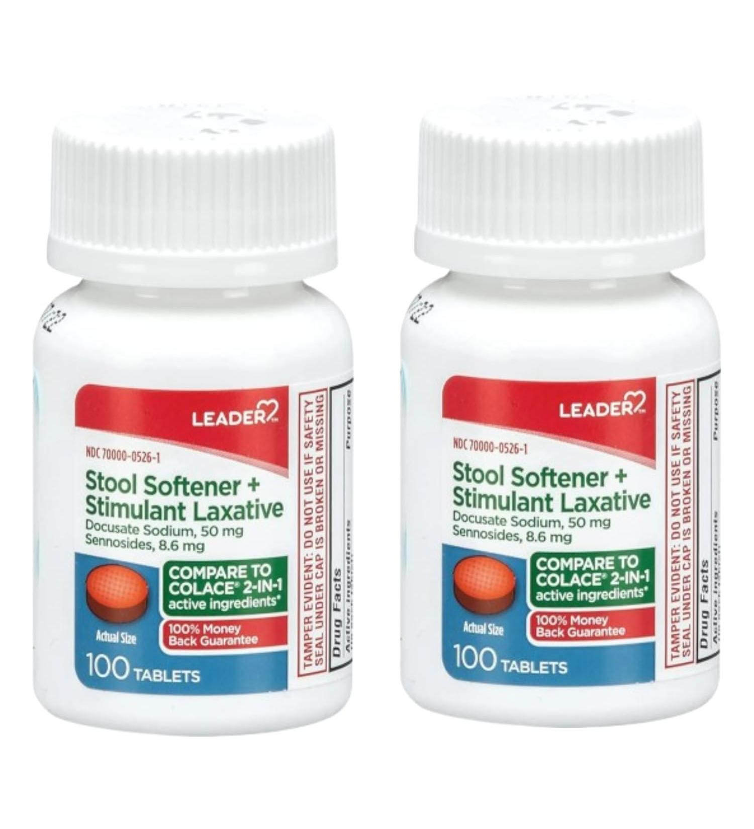 Leader 2-in-1 Stool Softener & Stimulant Laxative Docusate Sodium 50mg Sennosides 8.6 mg Gentle Occasional Constipation Relief for Adults Both Men & Women & Children Ages 6+ 100 Tablets 2-Pack - Buy Online on GoSupps.com