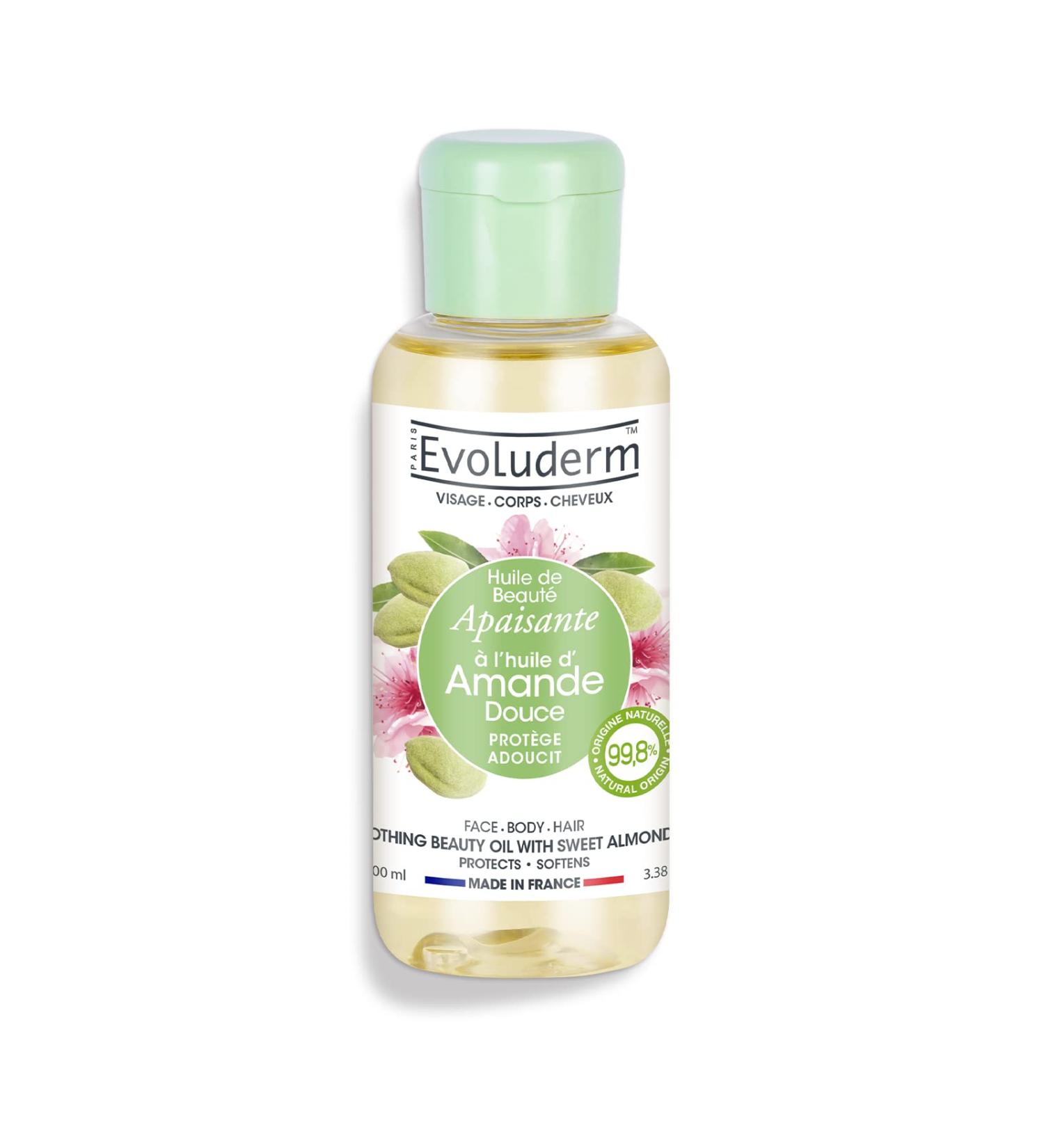 EVOLUDERM - Beauty Oil with Sweet Almond Oil - Vegetable Oil - Face Body Hair - 100ml - 99.8% Natural Origin - Vegan - Made in France - Buy Online on GoSupps.com
