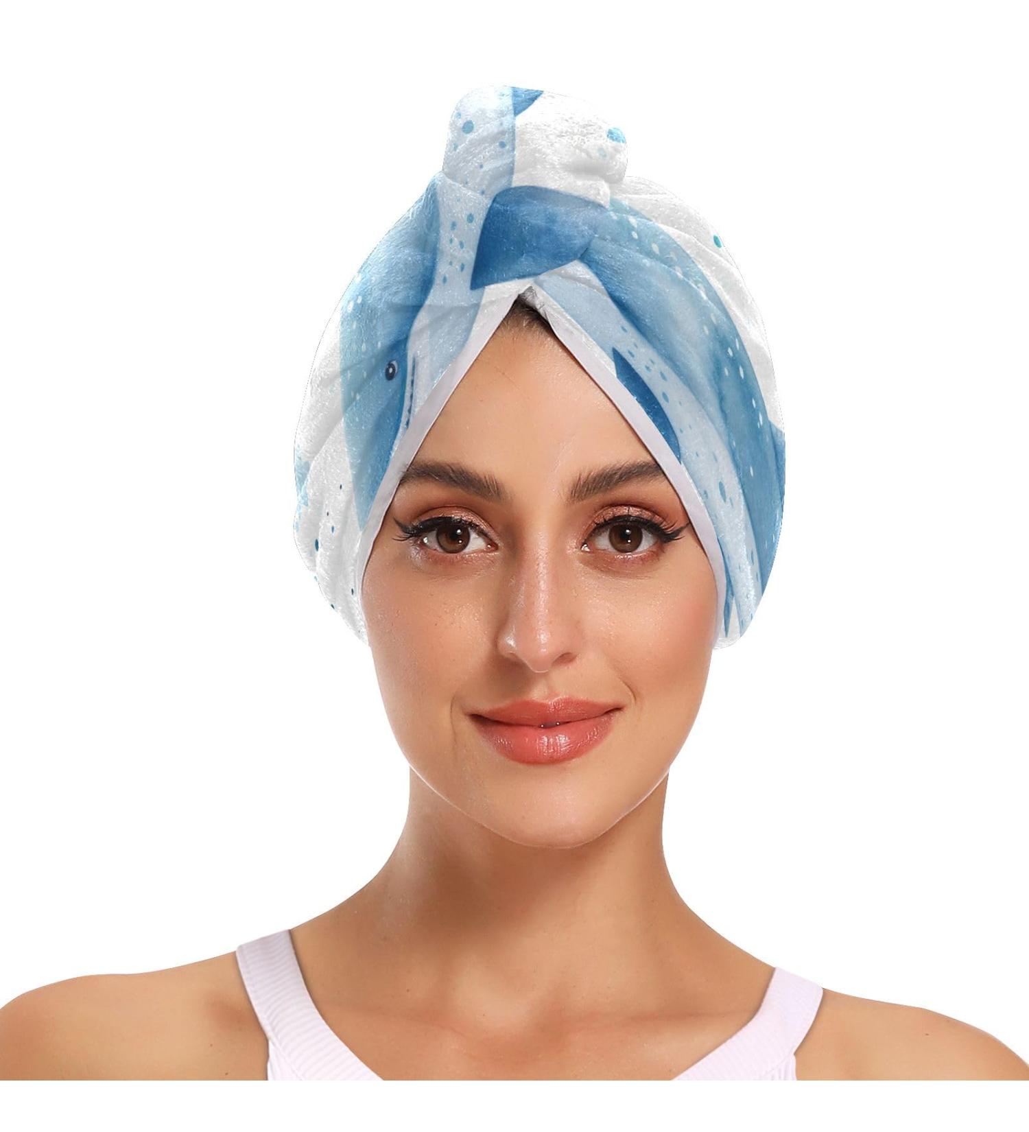Blue Whales Star Hair Towel 2 Pack - Super Absorbent & Quick Dry Hair Turbans for Women & Girls - Buy Online on GoSupps.com