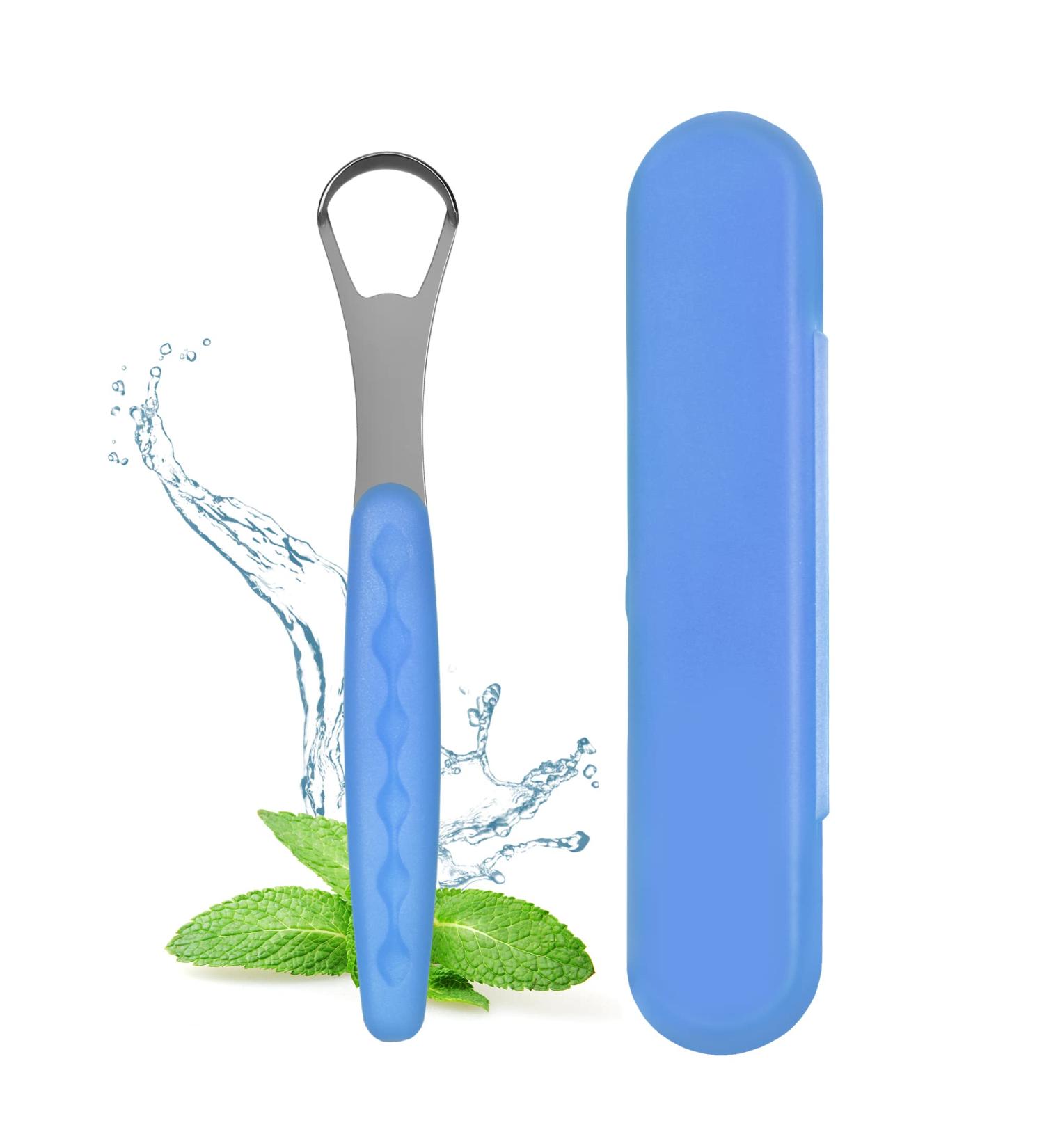 Metal Tongue Scraper for Adults & Kids | Stainless Steel Tongue Cleaner with Case | Reduce Bad Breath & Breathe Fresh - Light Blue - Buy Online on GoSupps.com