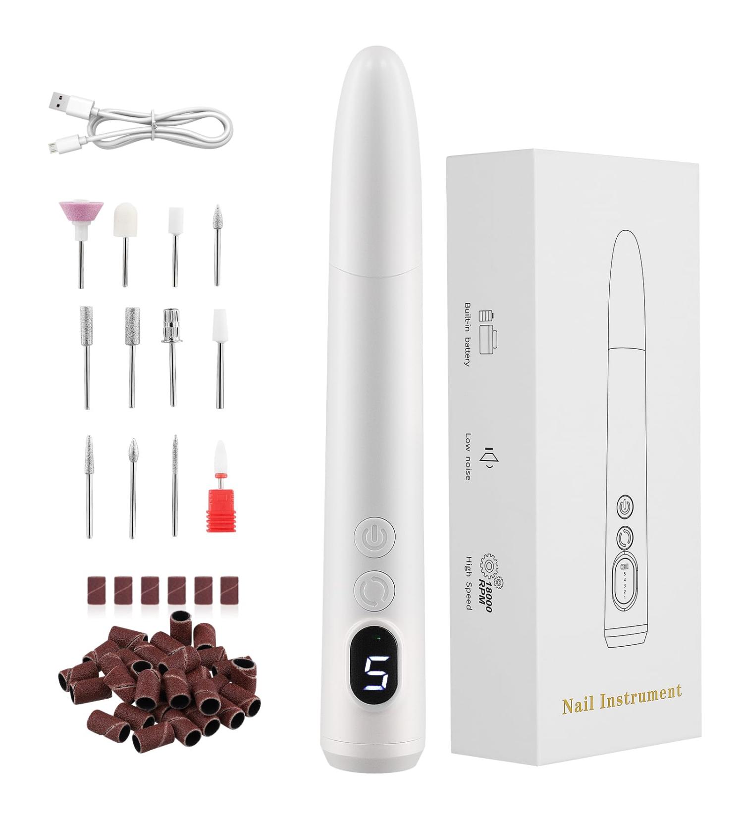 Cordless Nail Drill Set Professional Electric Nail File 20000RPM for Beginners with LED Screen 5-speed LED Light 12 Drill Bits for Natural or Acrylic Gel Nails Rechargeable Portable Manicure Kit White - Buy Online on GoSupps.com
