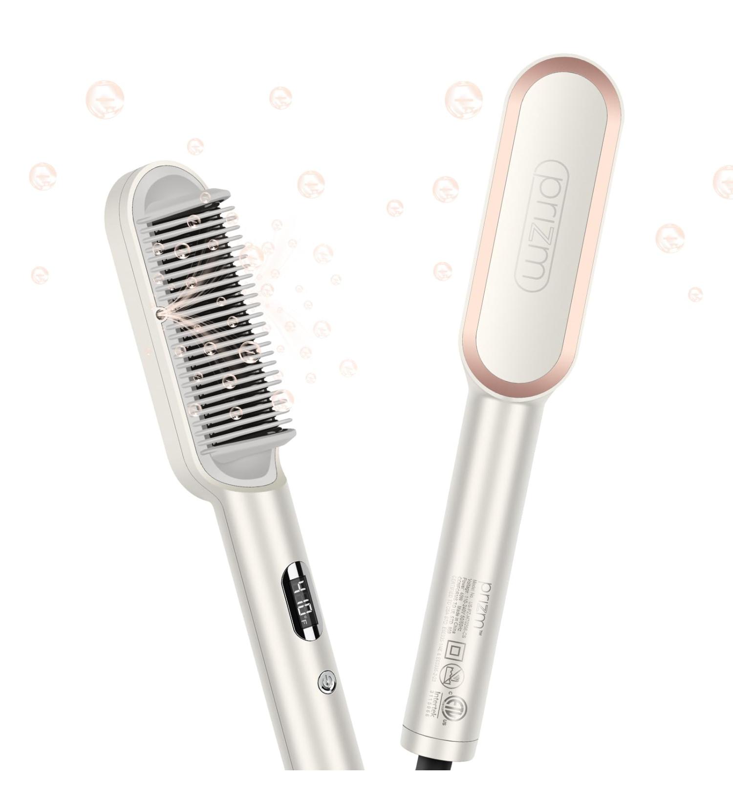 Prizm Hair Straightener Brush - Fast Heating 20s Anti-Scald Comb Negative Ions 4 Temp Settings LED Display Dual Voltage - Perfect for Home Salon (Champagne Silver - Buy Online on GoSupps.com