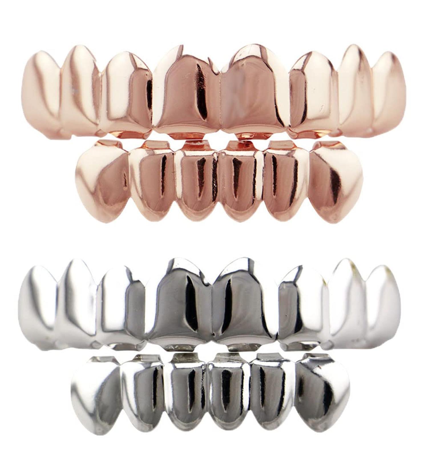 2 Pcs Hip Hop Teeth Grills Set - Gold Silver & Rose Gold | International Shipping Available - Buy Online on GoSupps.com