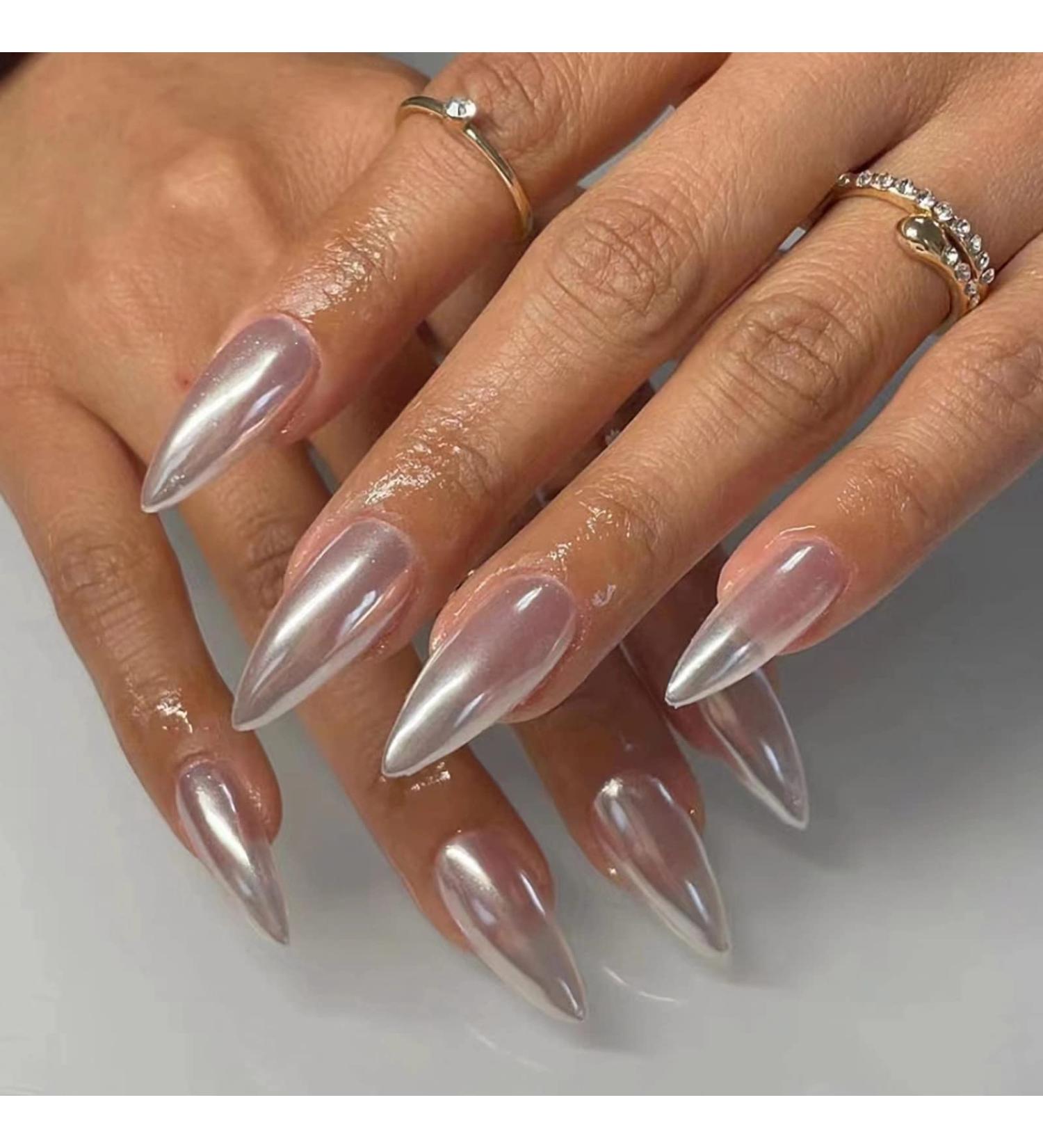 Mervf Medium Almond Ombre French Tip Stiletto Press on Nails - 24pcs Glossy Acrylic Fake Nails with Design for Women - Buy Online on GoSupps.com