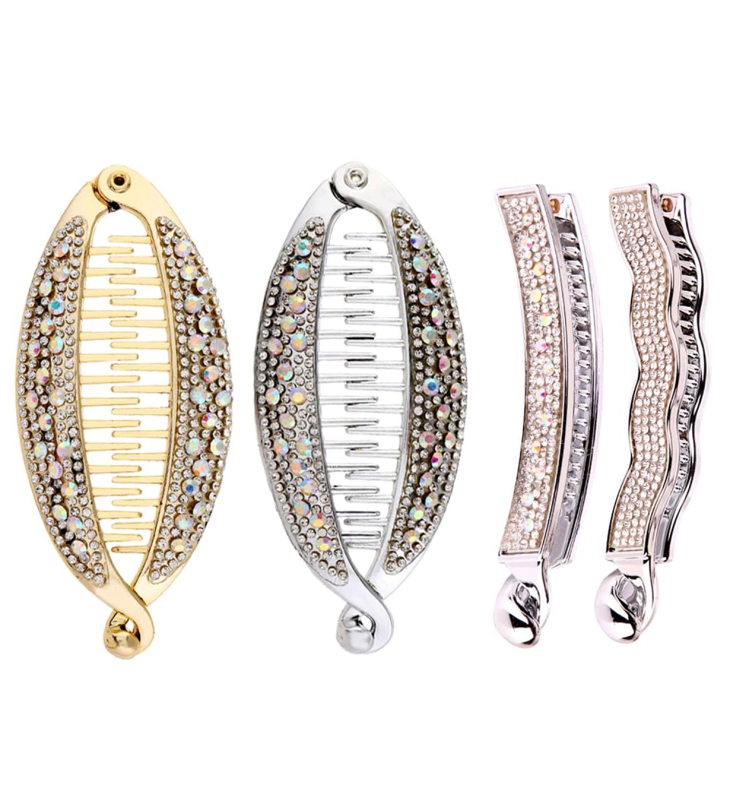 Nifocc Strass Banana Hair Clips - Fishtail Hairshocks Crystal Hairpins for Women & Girls | 4 Pcs Gold & Silver - Buy Online on GoSupps.com