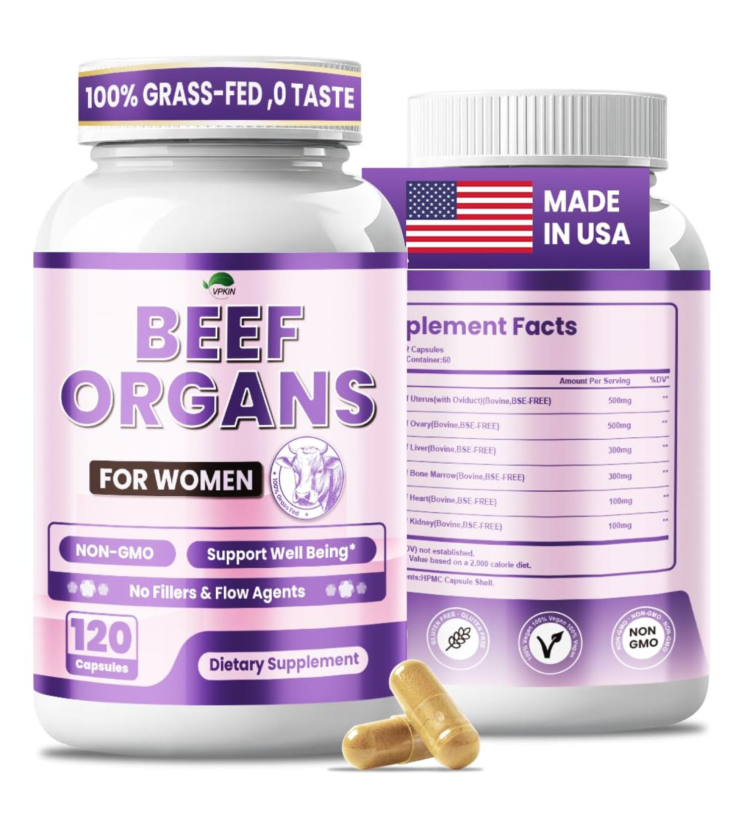 VPKIN Beef Organ Supplement for Women with Beef Liver Heart Kidney Uterus Tissue for Energy Balance and Overall Health Grass Fed Non-GMO 120 Capsules(Pack of 1) - Buy Online on GoSupps.com