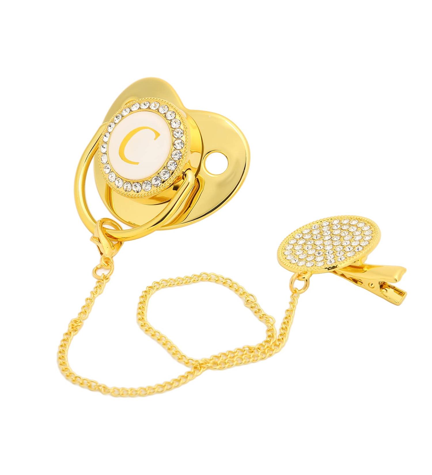 Golden Baby Pacifier with Clips - Safe Curved Design & Customizable 26 Letters for 6-18 Months - Buy Online on GoSupps.com