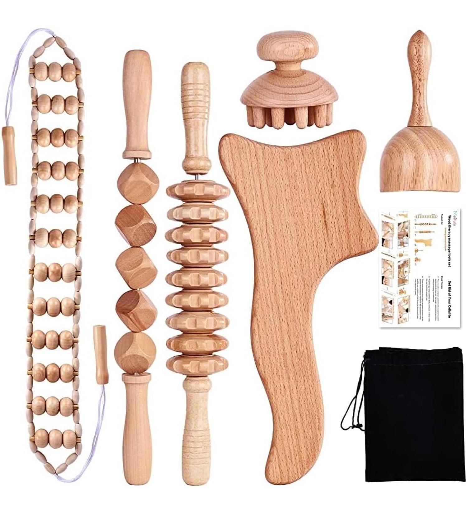 6 x Wood Therapy Massage Tools Set | Maderoterapie Wooden Rollers for Muscle Release & Anti-Cellulite | Body Contouring & Forming (Beige) - Buy Online on GoSupps.com