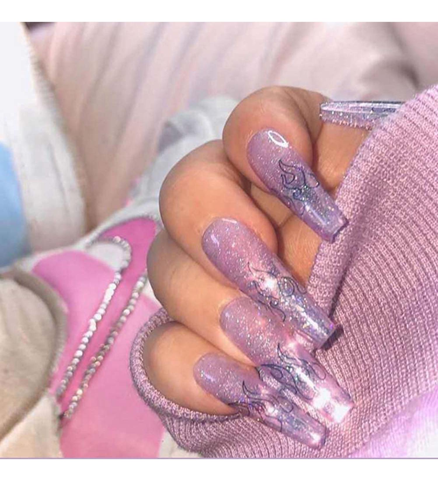 Poliphili 24Pcs Glossy Purple Flame Extra Long Press-On Fake Nails for Women - Removable Wear Ballerina Coffin Acrylic False Nails Tips - Buy Online on GoSupps.com