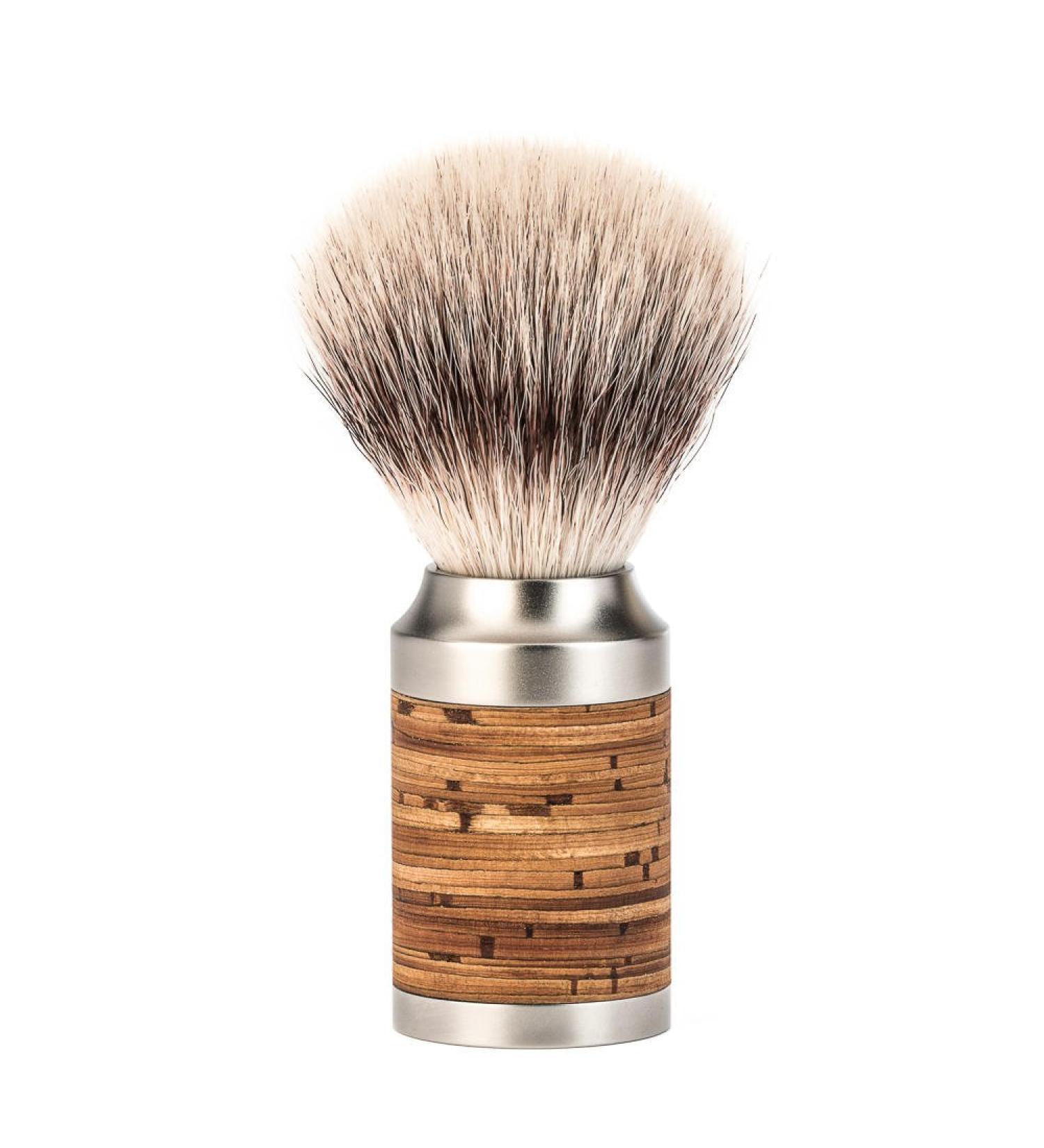 M HLE ROCCA shaving brush - silvertip badger - handle made of stainless steel and birch bark