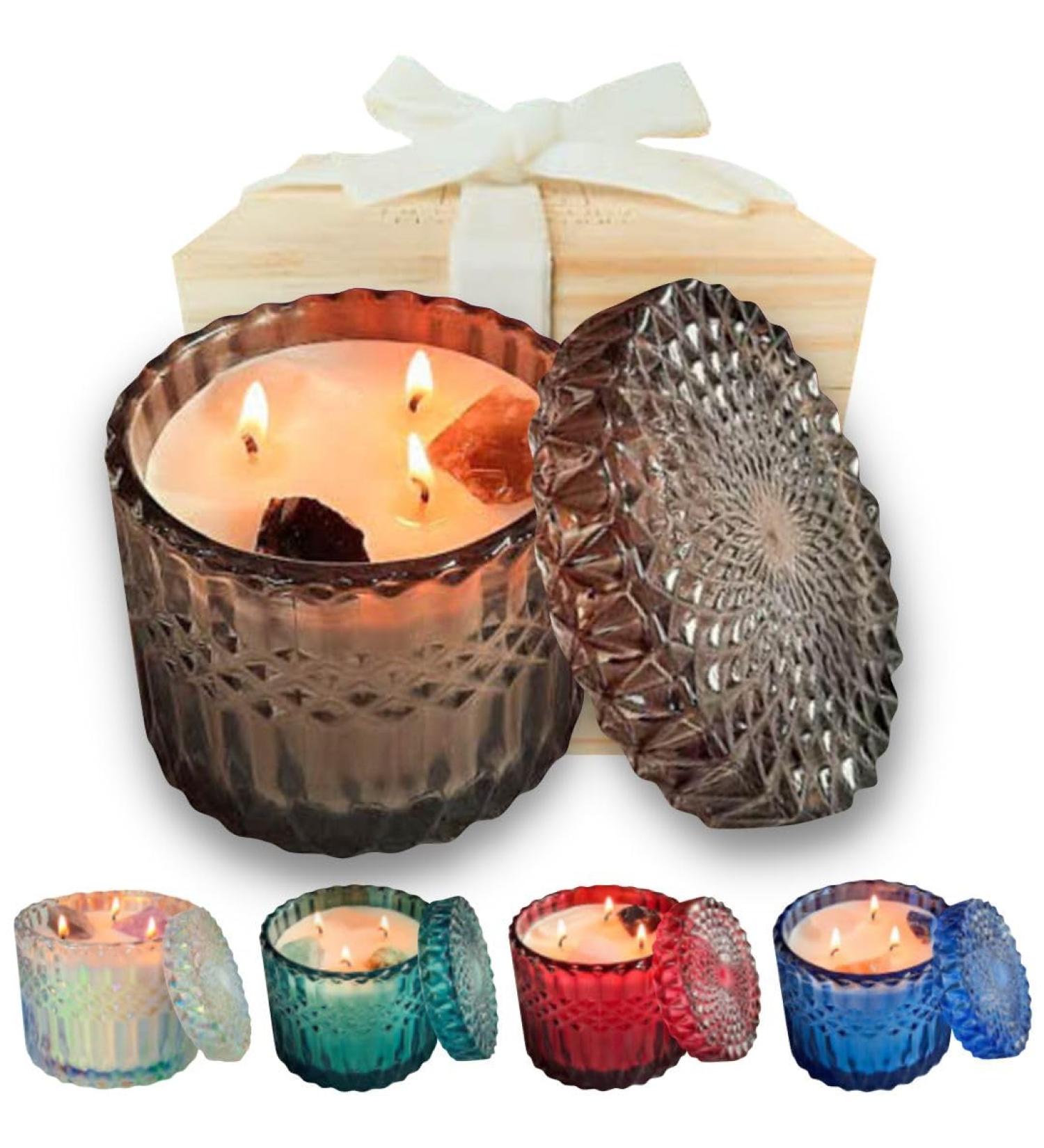 Healing Crystal Candle - 14oz Soy Wax with White Moonstone Smoky Quartz & Obsidian | Manifestation for Self-Discovery & Negative Energy Clearing - Buy Online on GoSupps.com