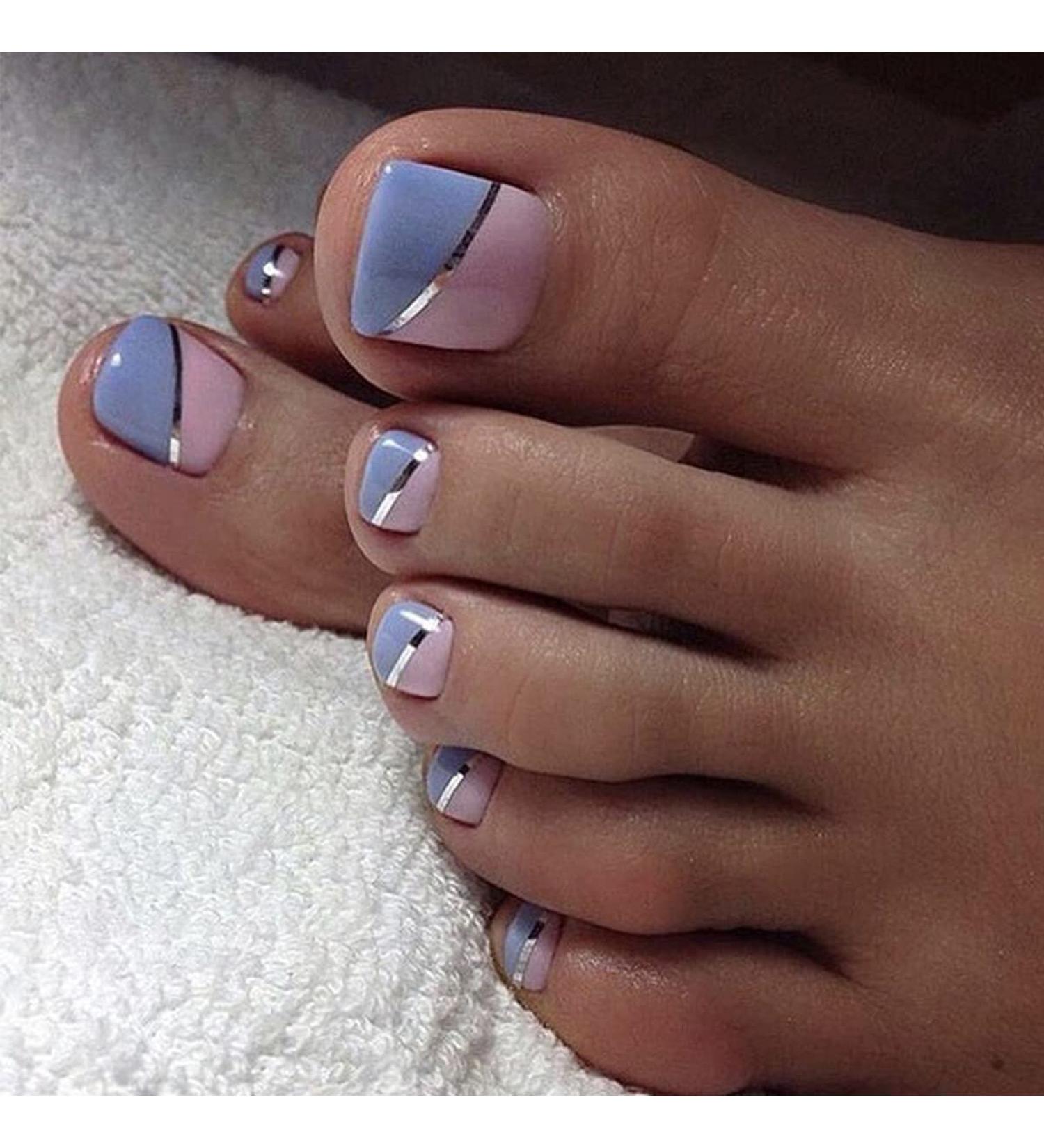 French Tip Press on Toenails with Toenails Tips Silver lines Design Purple and pink False Toenails press on toenails Acrylic False Toenails Cute Artificial Toenails - Buy Online on GoSupps.com