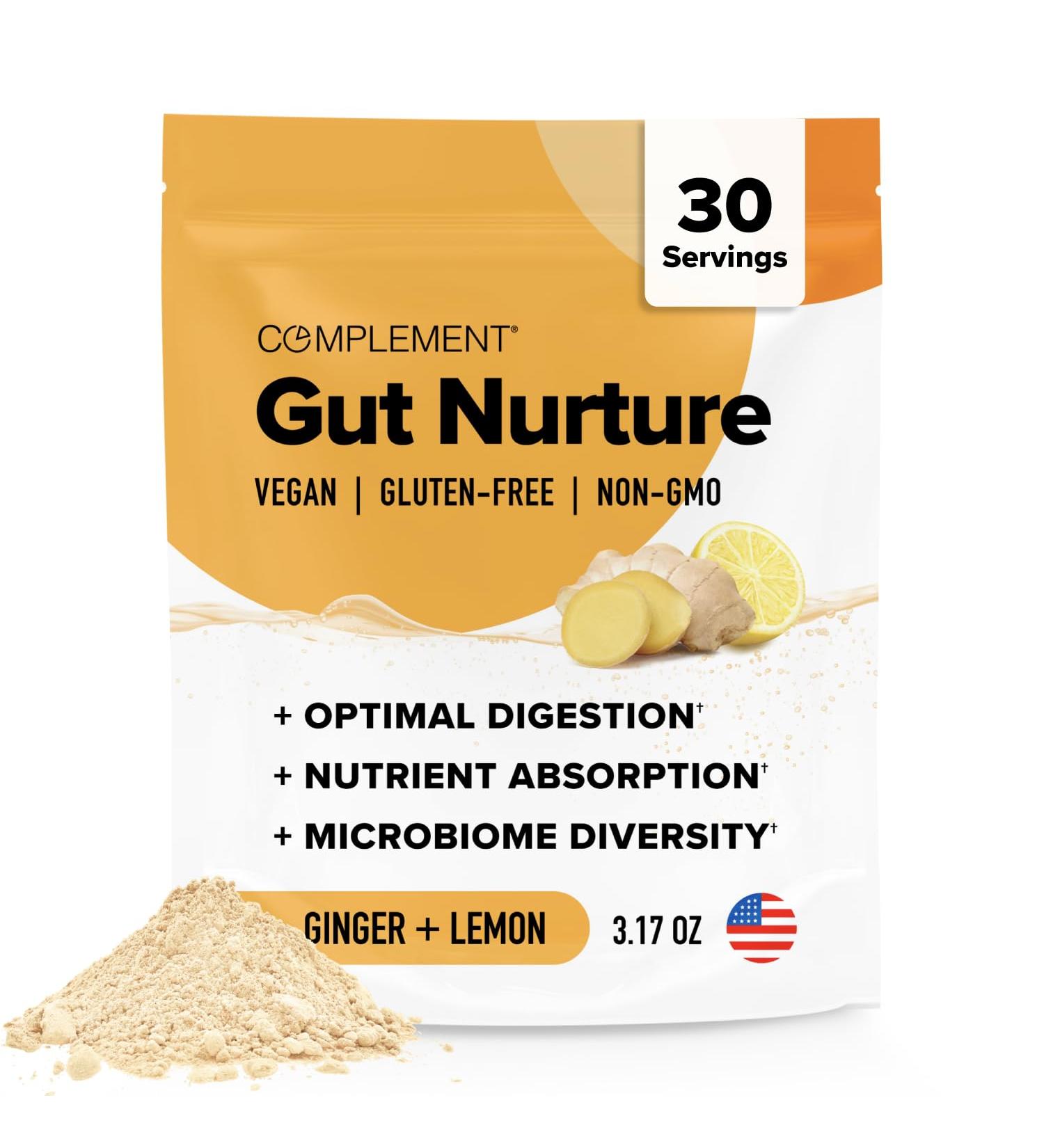 Complement Gut Nurture Prebiotic + Postbiotic Superfood Powder for Leaky Gut Repair Probiotics for Digestive Health - Ginger Root - 30 Servings - Buy Online on GoSupps.com