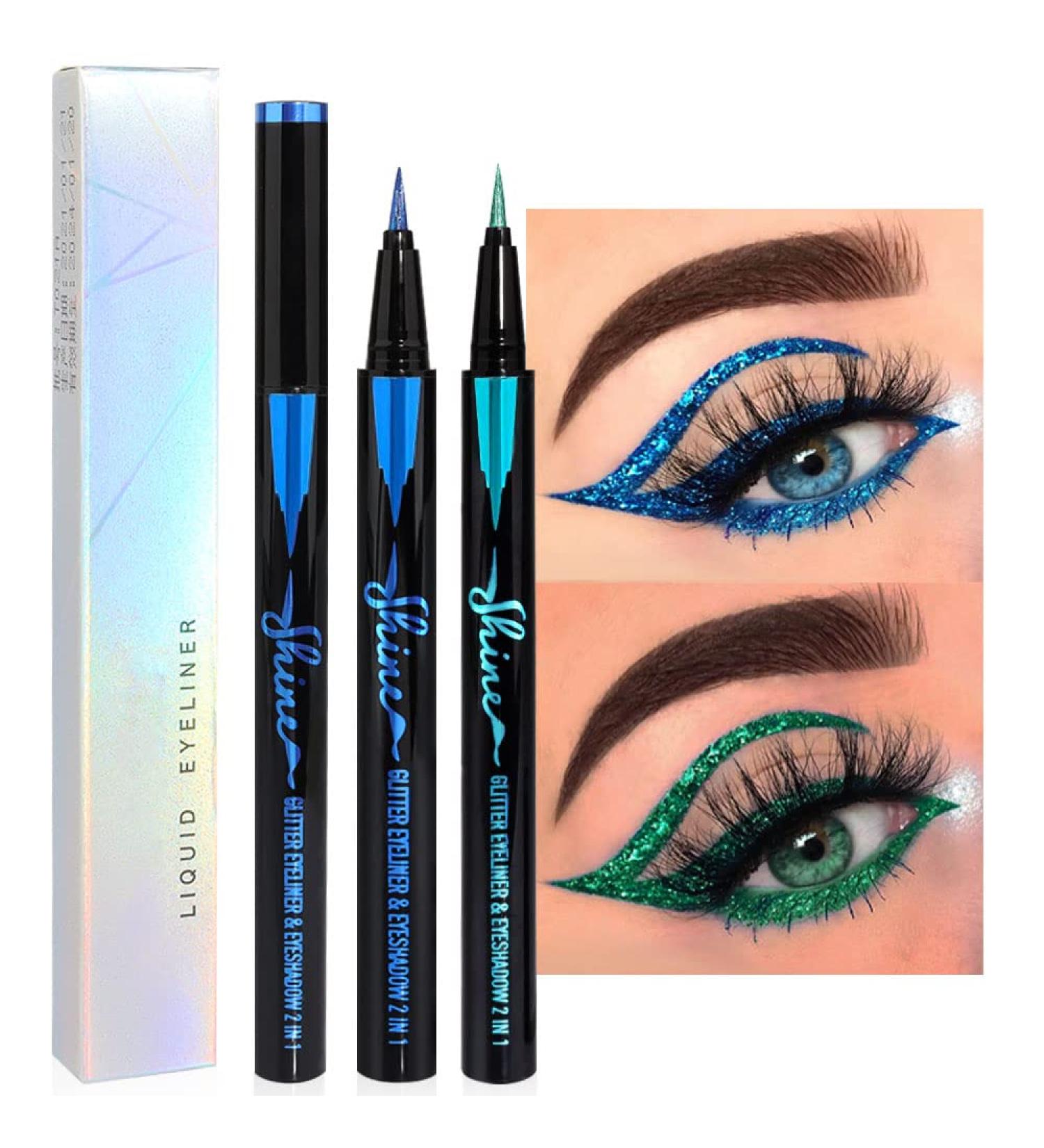Glitter Sparkle Liquid Eyeliner Pen Set - Royal Blue & Green | Waterproof, Smudge Proof, Long Lasting | Metallic Satin Finish | High Pigmented | 2Pcs - Buy Online on GoSupps.com