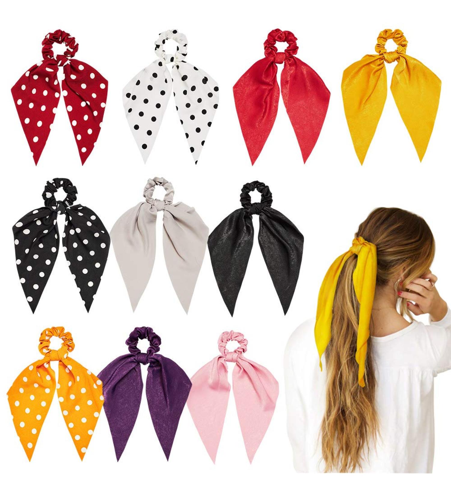 Chic 10Pcs Chiffon Hair Scarf Scrunchies for Women & Girls - Solid Colors & Dots - Buy Online on GoSupps.com