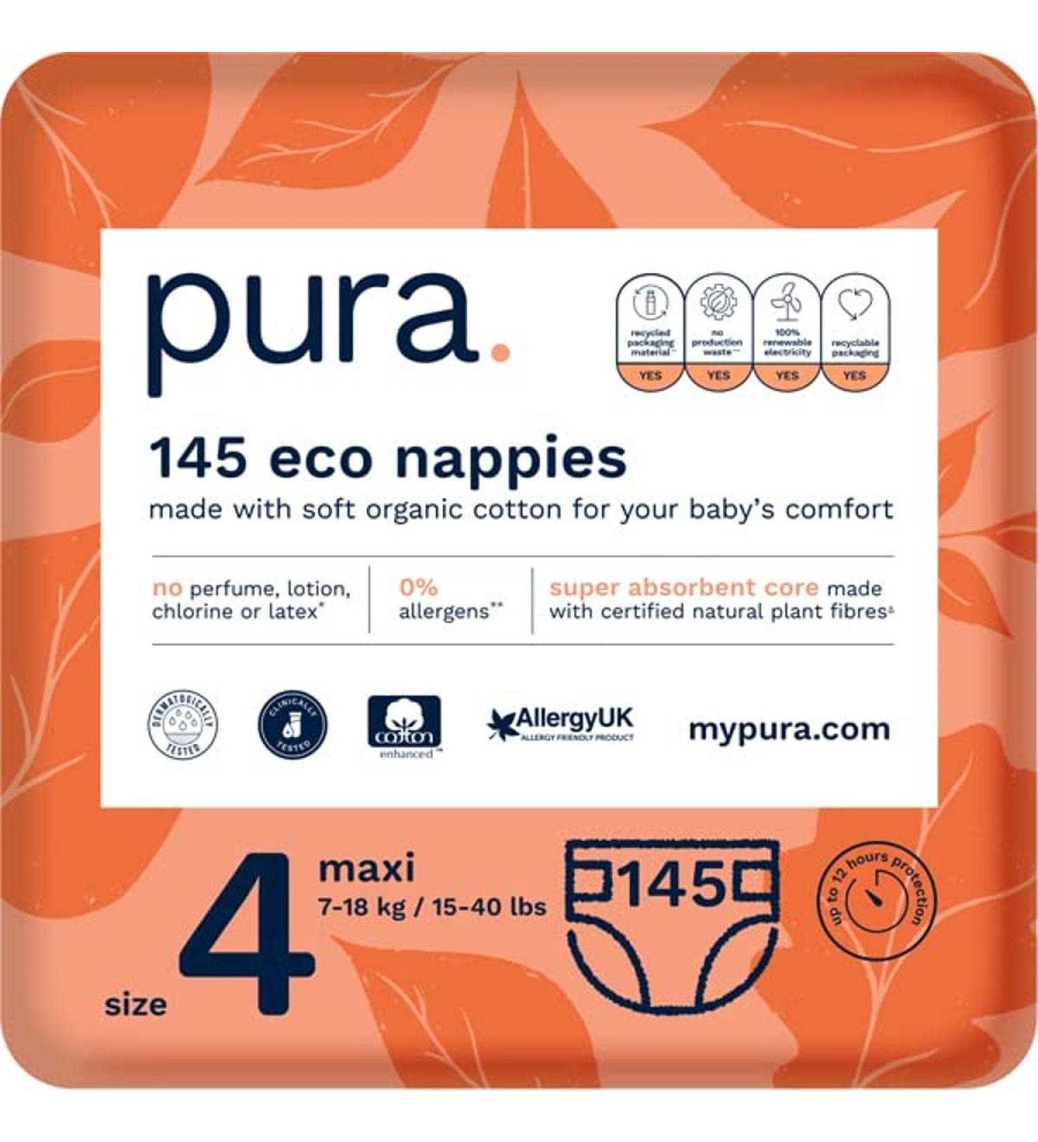 Pura Eco-Diapers Size 4 (Maxi 7-18kg) - 145 Organic Cotton Diapers EU Ecolabel 12-Hour Protection Perfect for Sensitive Skin | Monthly Box - Buy Online on GoSupps.com
