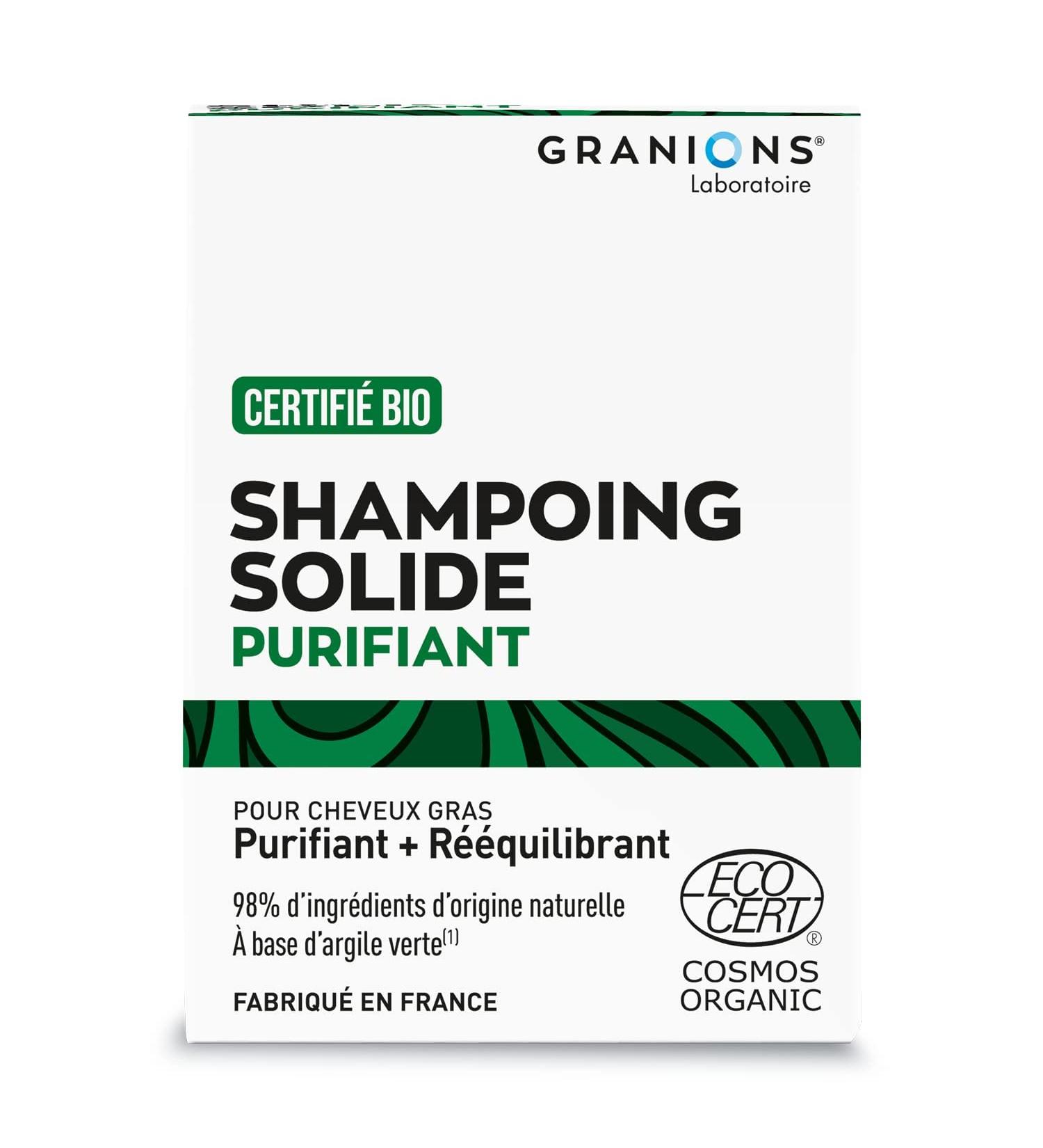 GRANIONS - PURIFYING & REBALANCING SOLID SHAMPOO - Certified ORGANIC - For oily hair - With green clay - 98% ingredients of natural origin - Made in France - Buy Online on GoSupps.com