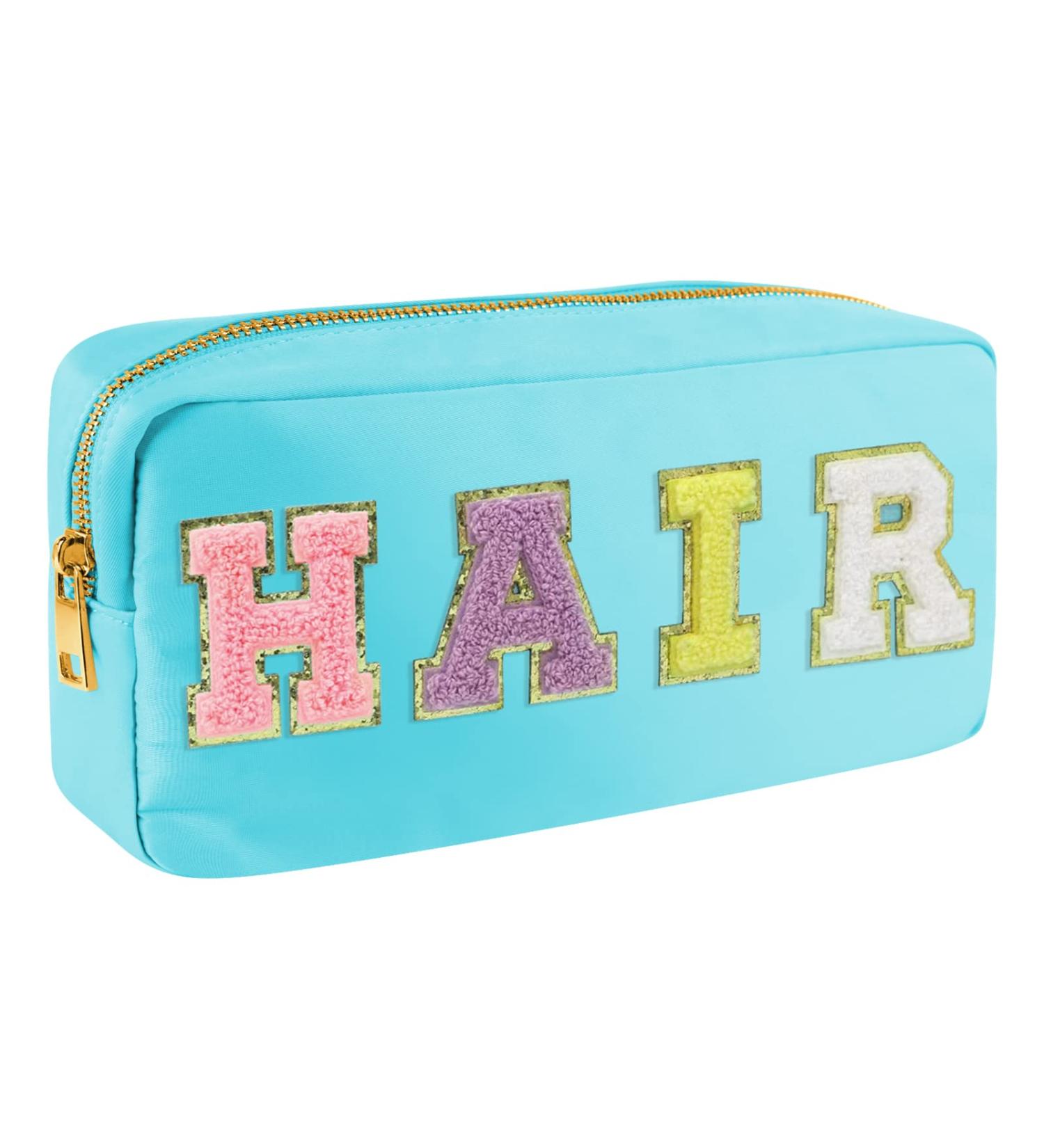 Nylon Waterproof Preppy Makeup Bag - Girls Chenille Letter Portable Travel Organizer for Toiletries and Cosmetics Storage (Blue Hair) - Patches Included - Buy Online on GoSupps.com