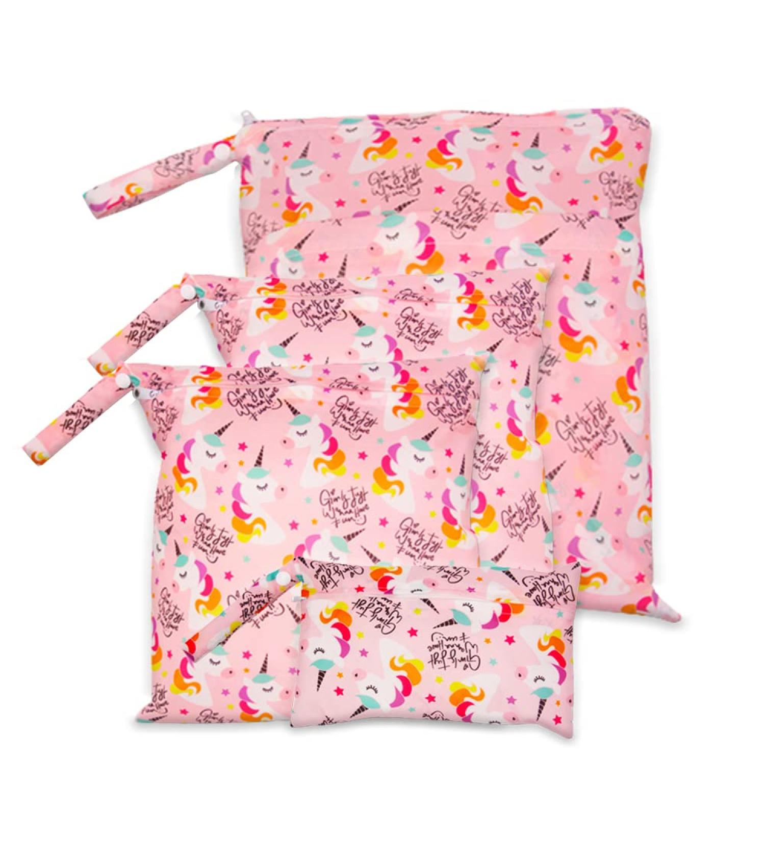Coarse 4-Piece Reusable Diaper Bag Set - Waterproof Wet Bag with Pink Unicorn for Kindergarten & Baby Diapers - Buy Online on GoSupps.com