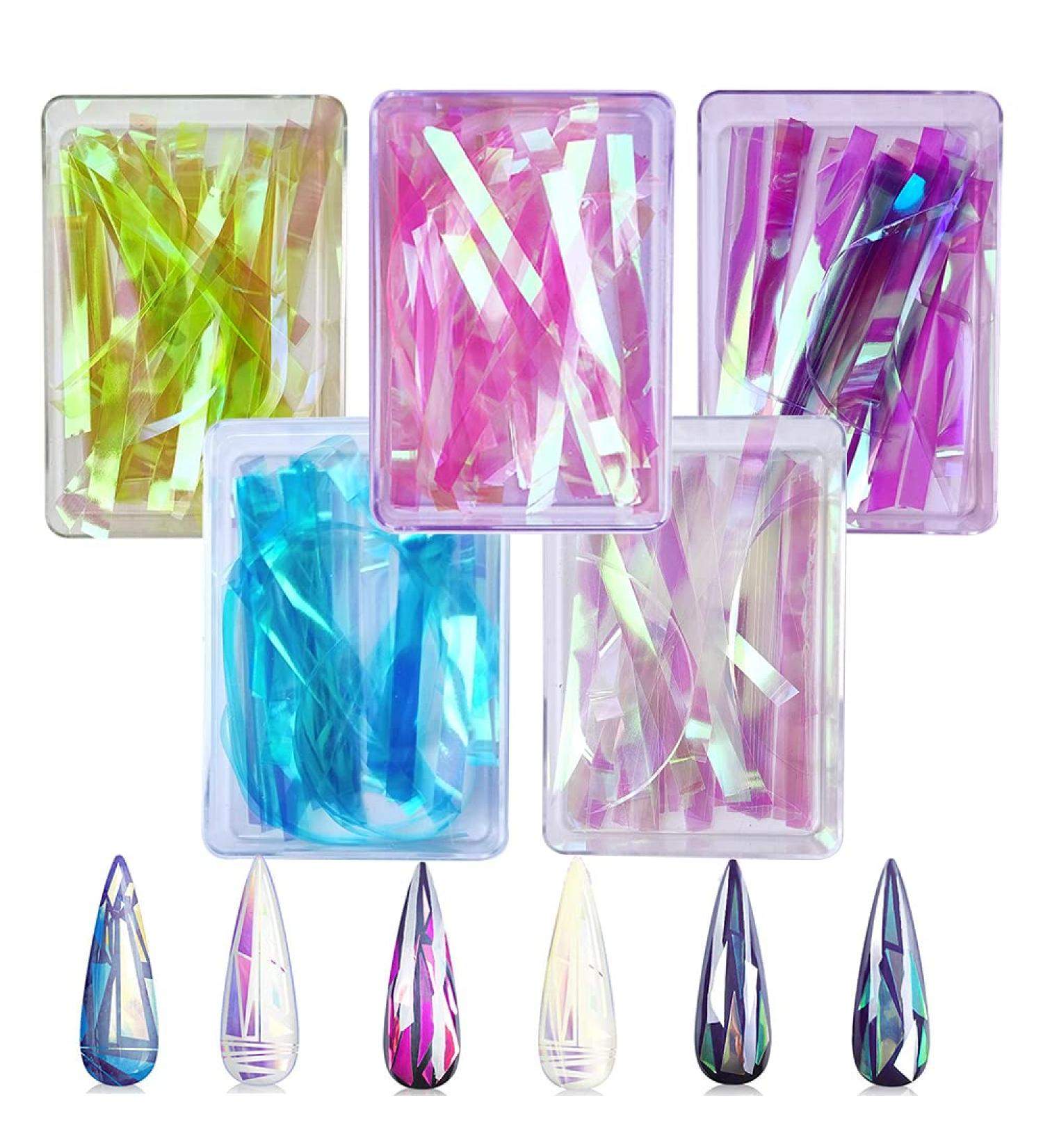 CHANGAR 5 Colors Gradient Aurora Glass Paper Nail Sticker Reflective Mirror Design Broken Glass Stripe Line Paper Nail Decals 3D Broken Glass Pieces Mirror Foils DIY Nail Art Decoration (5 Boxes) - Buy Online on GoSupps.com