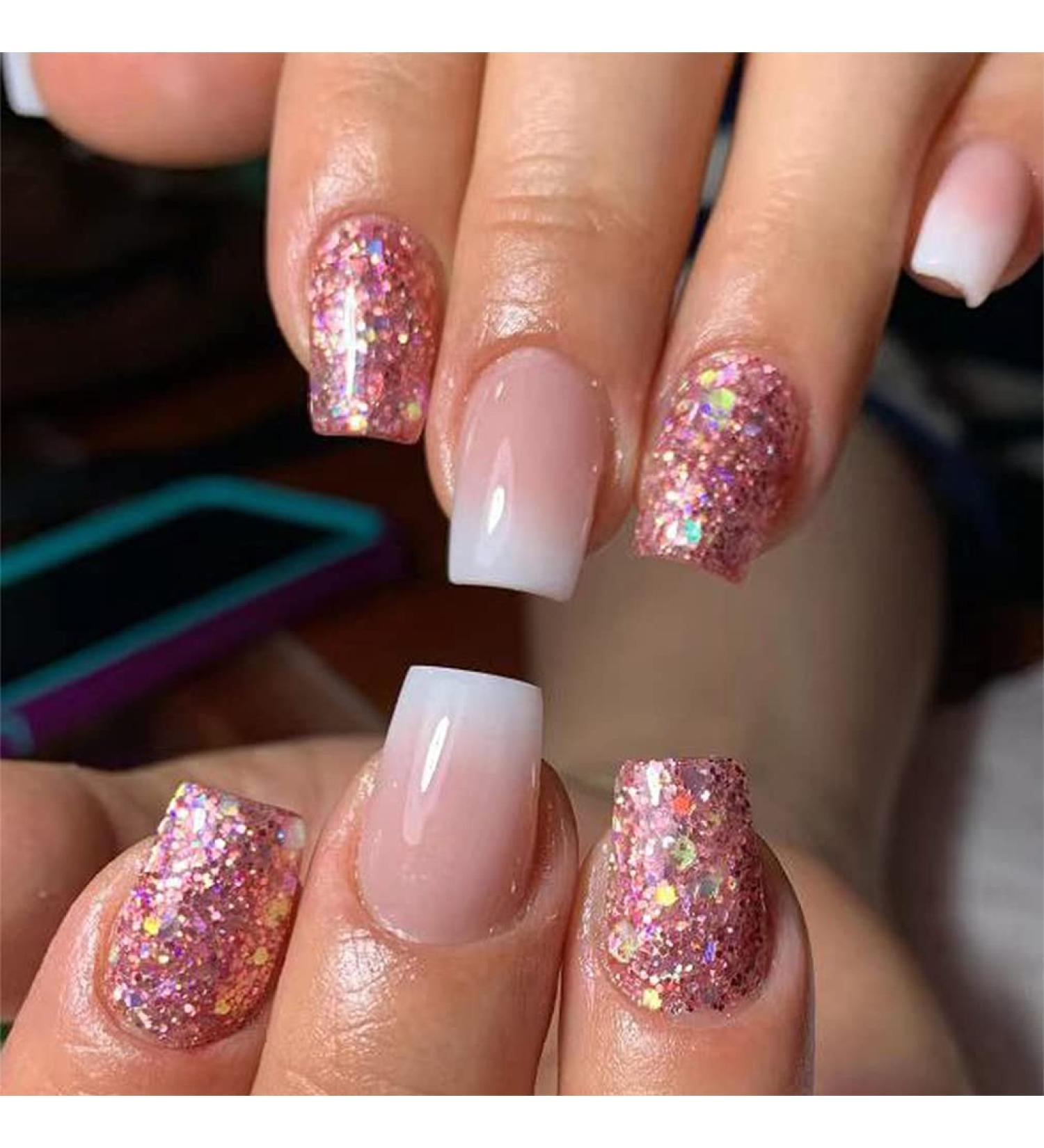 Sethexy Short Pastel Gradient Square Artificial Nails - 24 Glitter Acrylic Fingernails for Women & Girls - Easy Stick-On False Nails - Buy Online on GoSupps.com