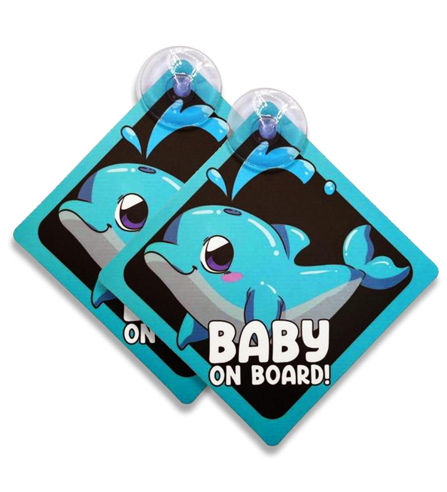 2pcs Baby on Board Car Warning Sticker Set with Dolphin Design and Suction Cups - Buy Online on GoSupps.com