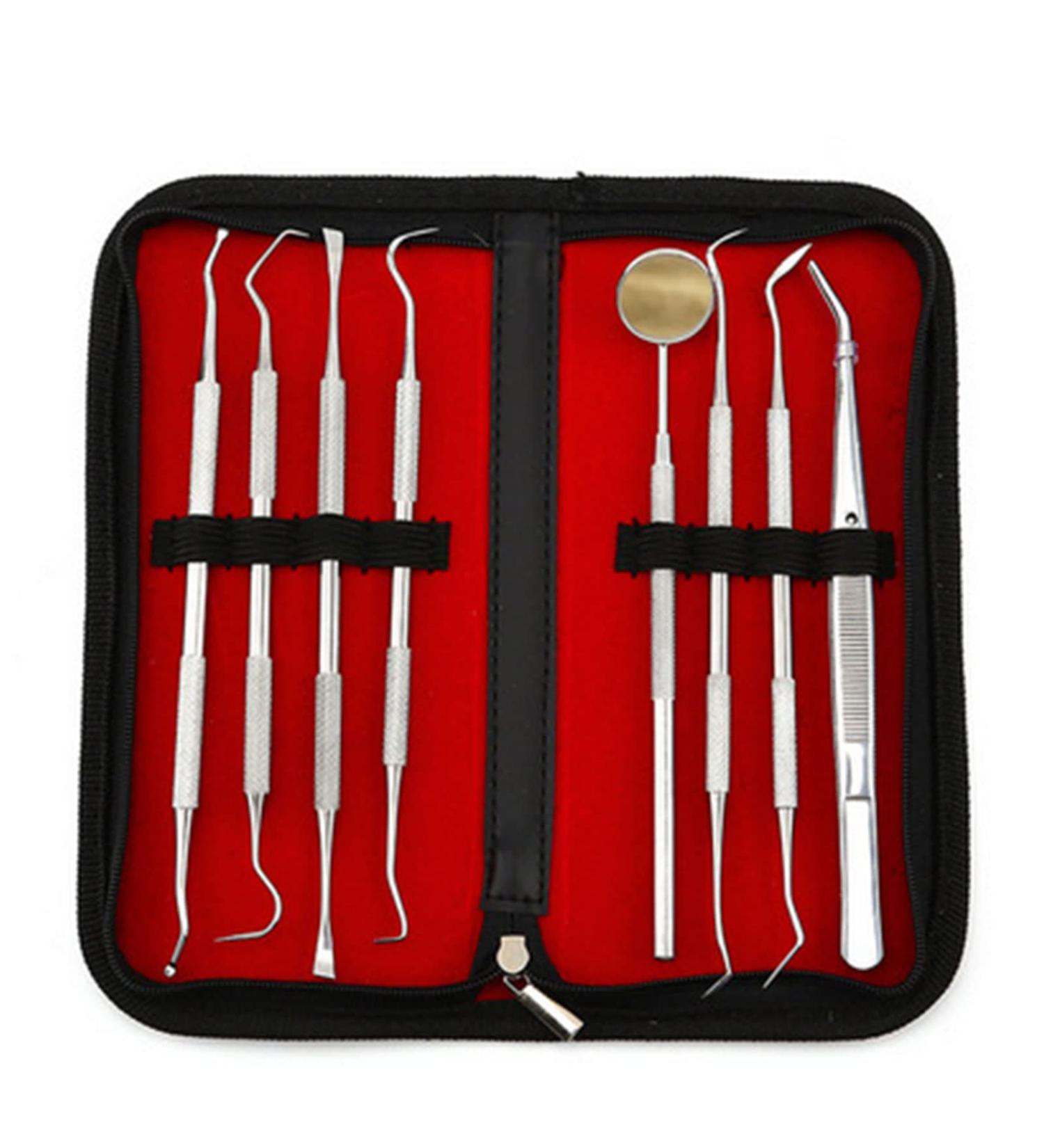 Tooth Cleaning Kit - 8pcs Stainless Steel Oral Care Tools | Dental Probe Scraper & Stains Remover - Buy Online on GoSupps.com