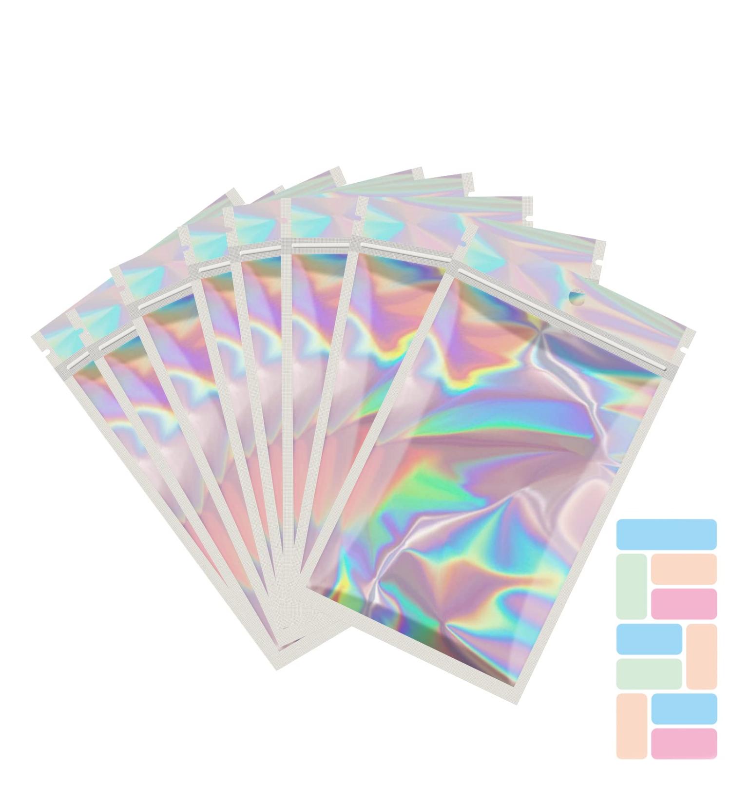 100 Pack Holographic Resealable Bags with Front Window and Color Labels | Mylar Ziplock Candy Sample Bags for Small Business | 2.4x3.9 Inch - Buy Online on GoSupps.com