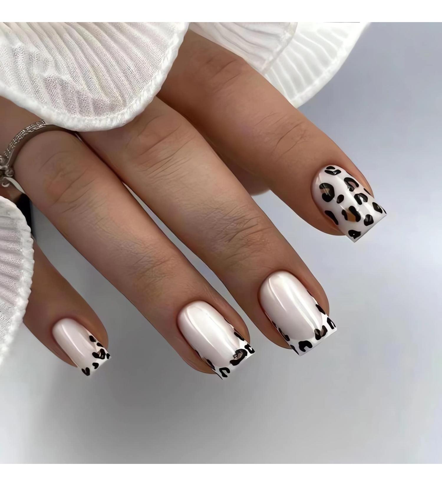 Leopard French Tip Square Acrylic Press On Nails | Silvery White Designs | Glossy Finish | Women & Girls Nail Decor - Style 12 - Buy Online on GoSupps.com