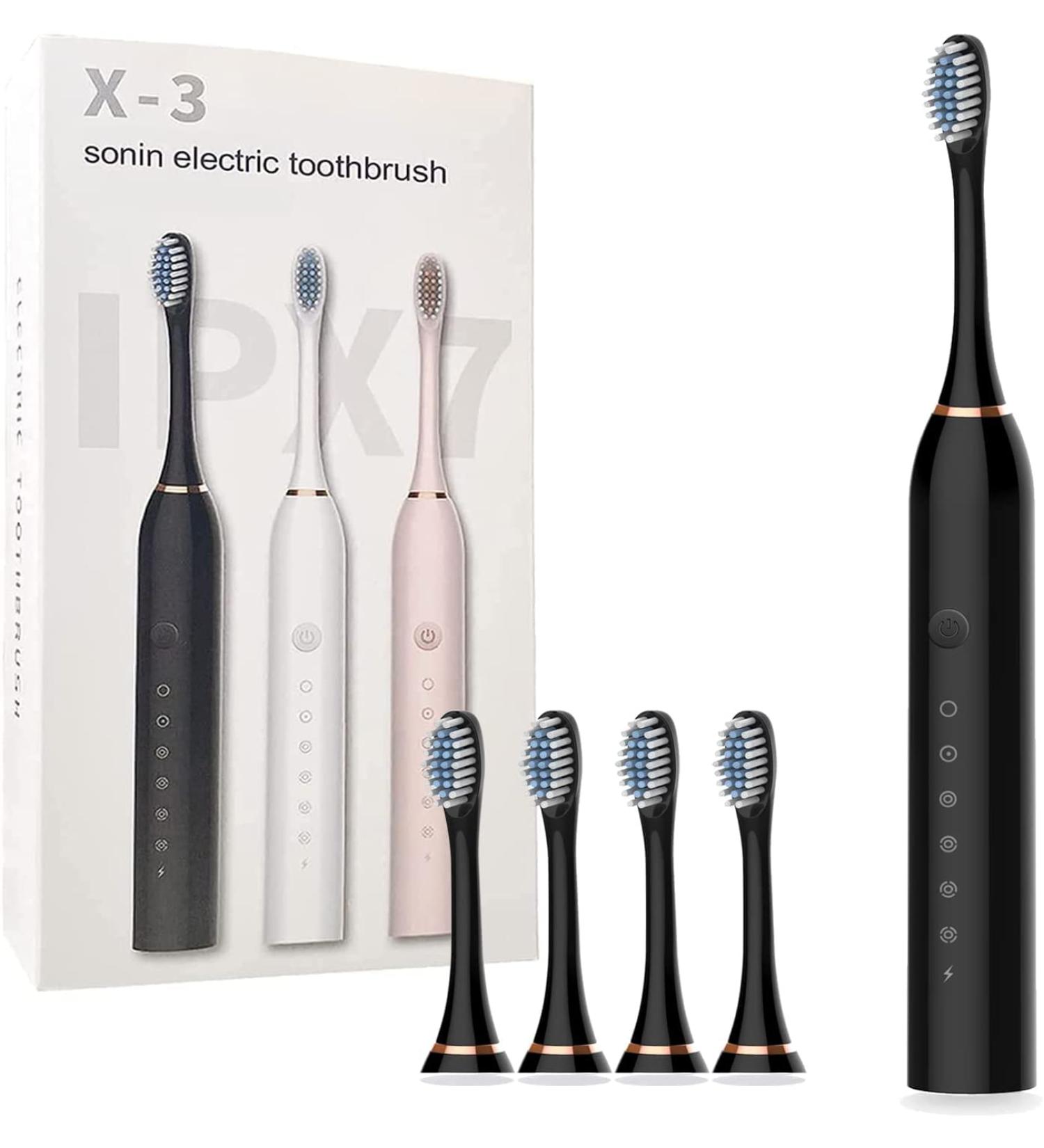 Sonic Electric Toothbrush USB Rechargeable with 4 Heads, 6 Modes & Timer - IPX7 Waterproof for Adults & Kids (Black) - Buy Online on GoSupps.com