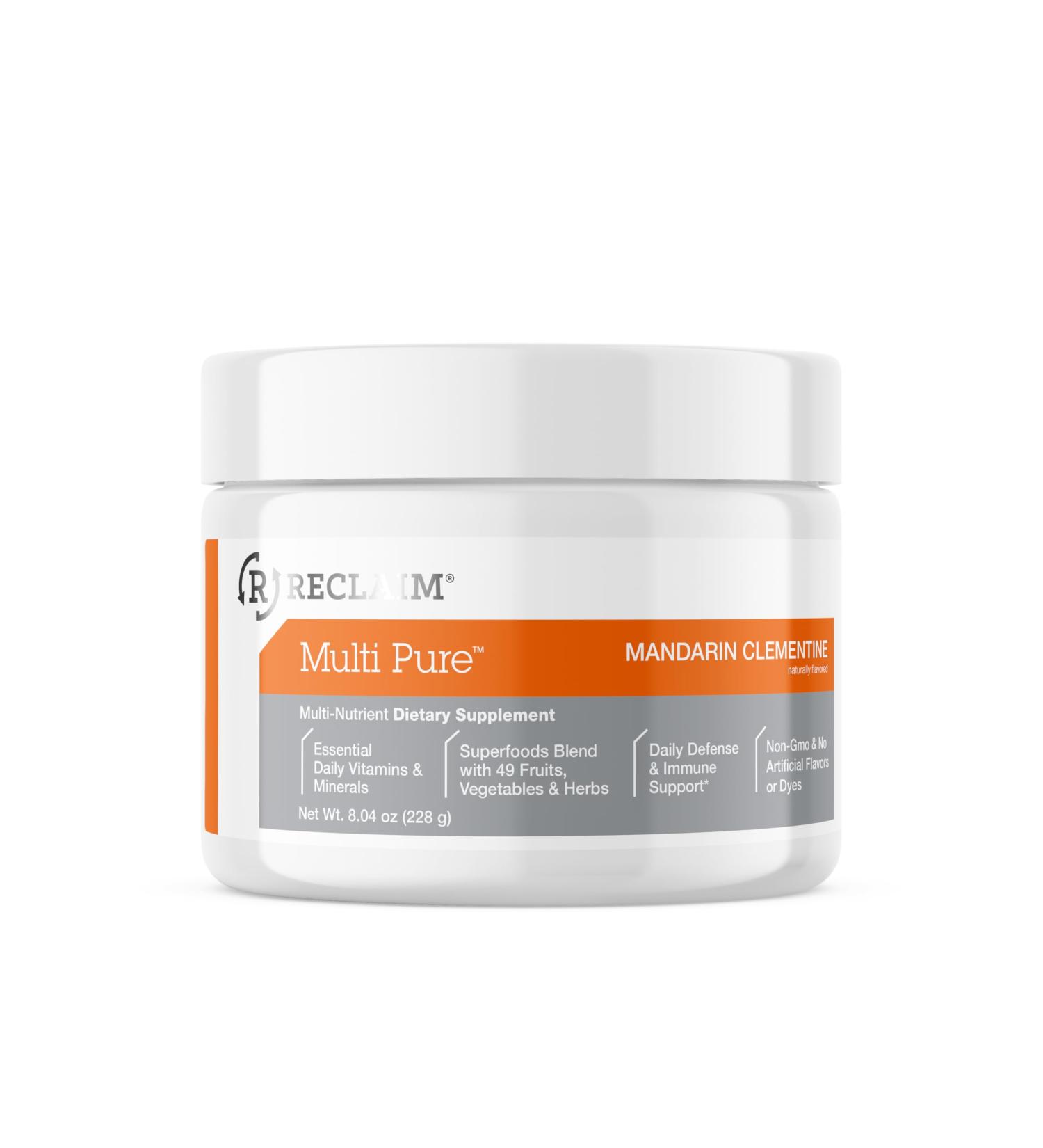 Reclaim Multi Pure Mandarin Clementine Immune Support Vitamin C Vitamin B Complex Probiotic Superfood Powder Calcium Magnesium Oxide (30 Servings) (Mandarin Clementine)