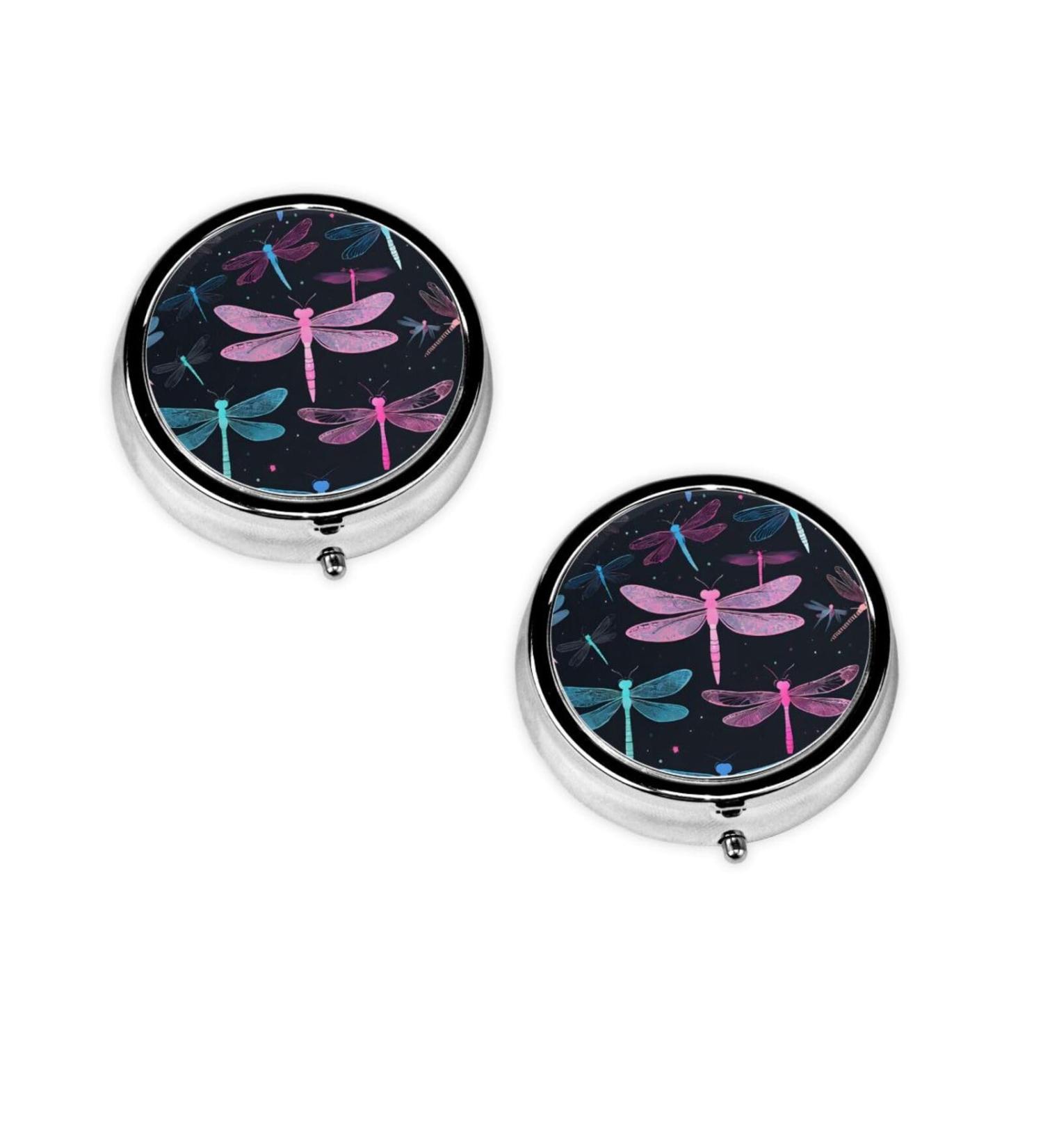 Purple Dragonfly Round Pill Box - 3 Compartment Mini Decorative Organizer for Travel | Portable Medicine & Vitamin Holder - Buy Online on GoSupps.com
