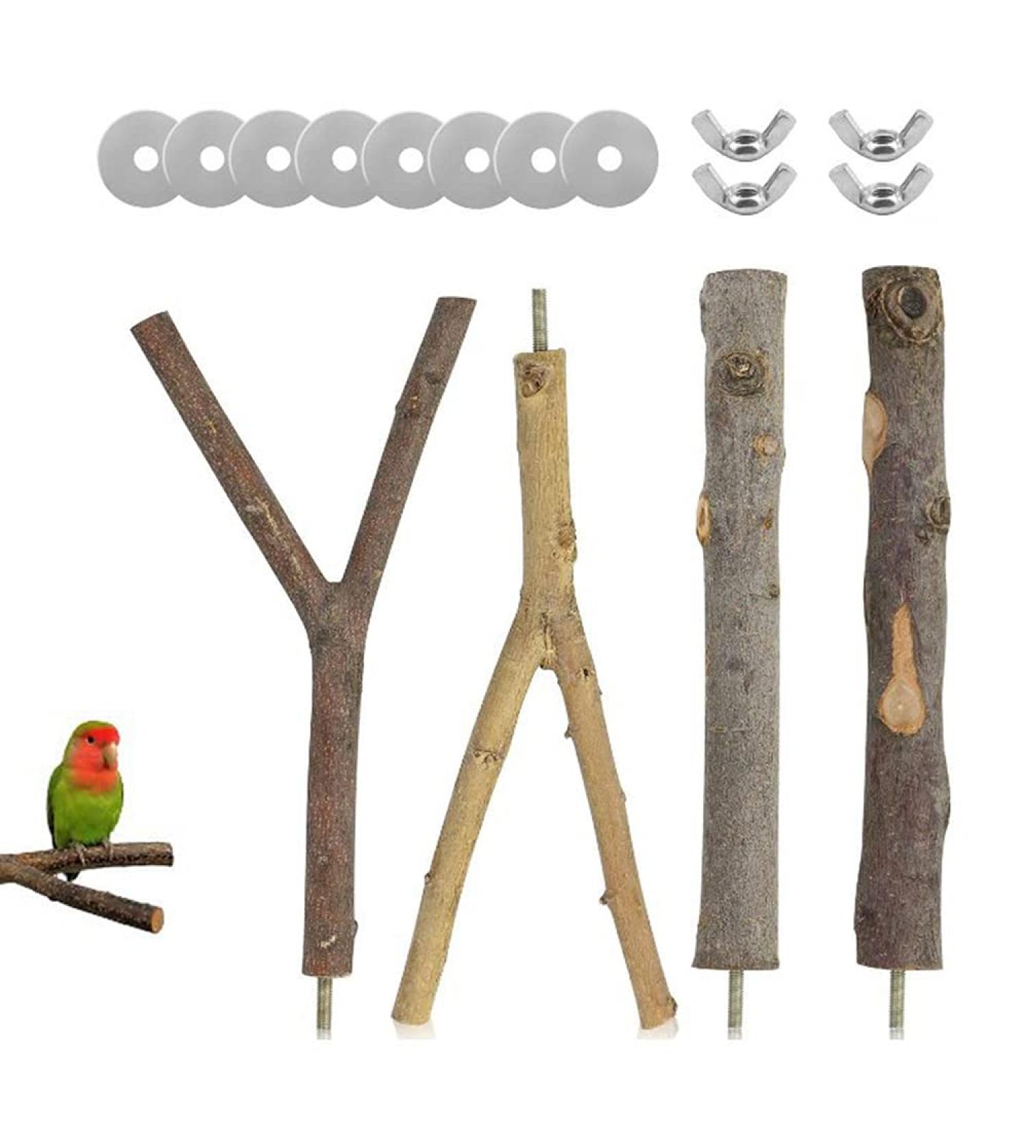 4 Piece Natural Wood Bird Toys Set - Perches Pencil Rods & Accessories for Parrots & Birds - 2 Specs 8 Washers & 4 Wing Nuts - Buy Online on GoSupps.com