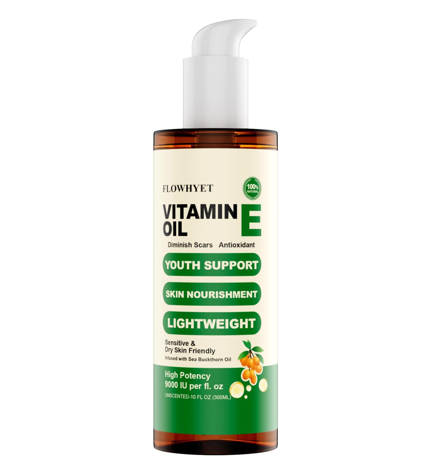 FLOWHYET 10 Floz Organic Vitamin E Oil Pure Nail Oil vit e for Face Skin Body Hair vitamins Nourish Dry Skin Maintain Youthful Antioxidant Fade Scars Non-Greasy - 300ml - Buy Online on GoSupps.com