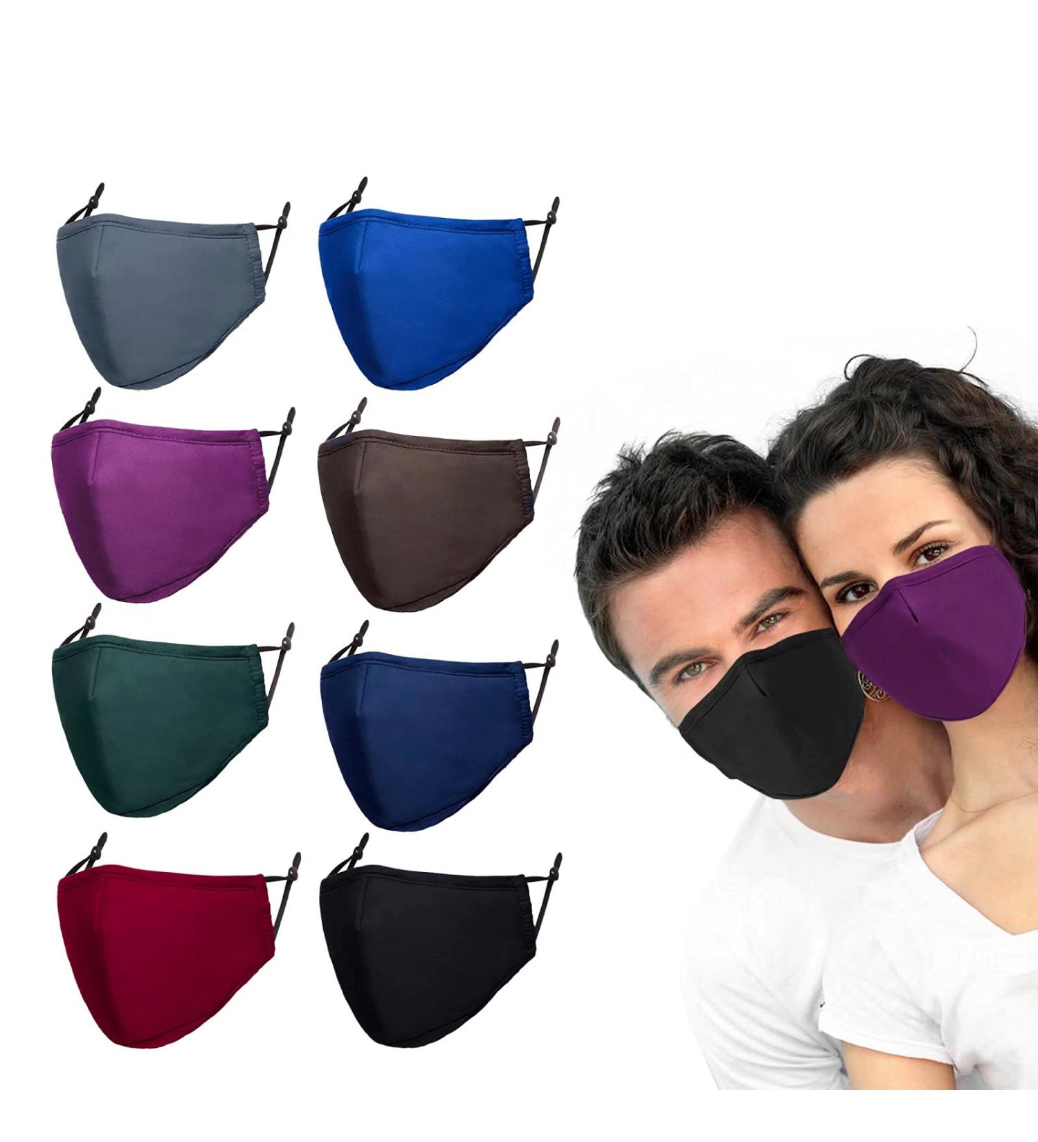 8 Pack Reusable Cloth Face Mask with Adjustable Straps & Nose Wire - Adult Cotton Masks in Black, Dark Grey, Brown, Blue, Burgundy, Green, Purple, Royal Blue - Buy Online on GoSupps.com