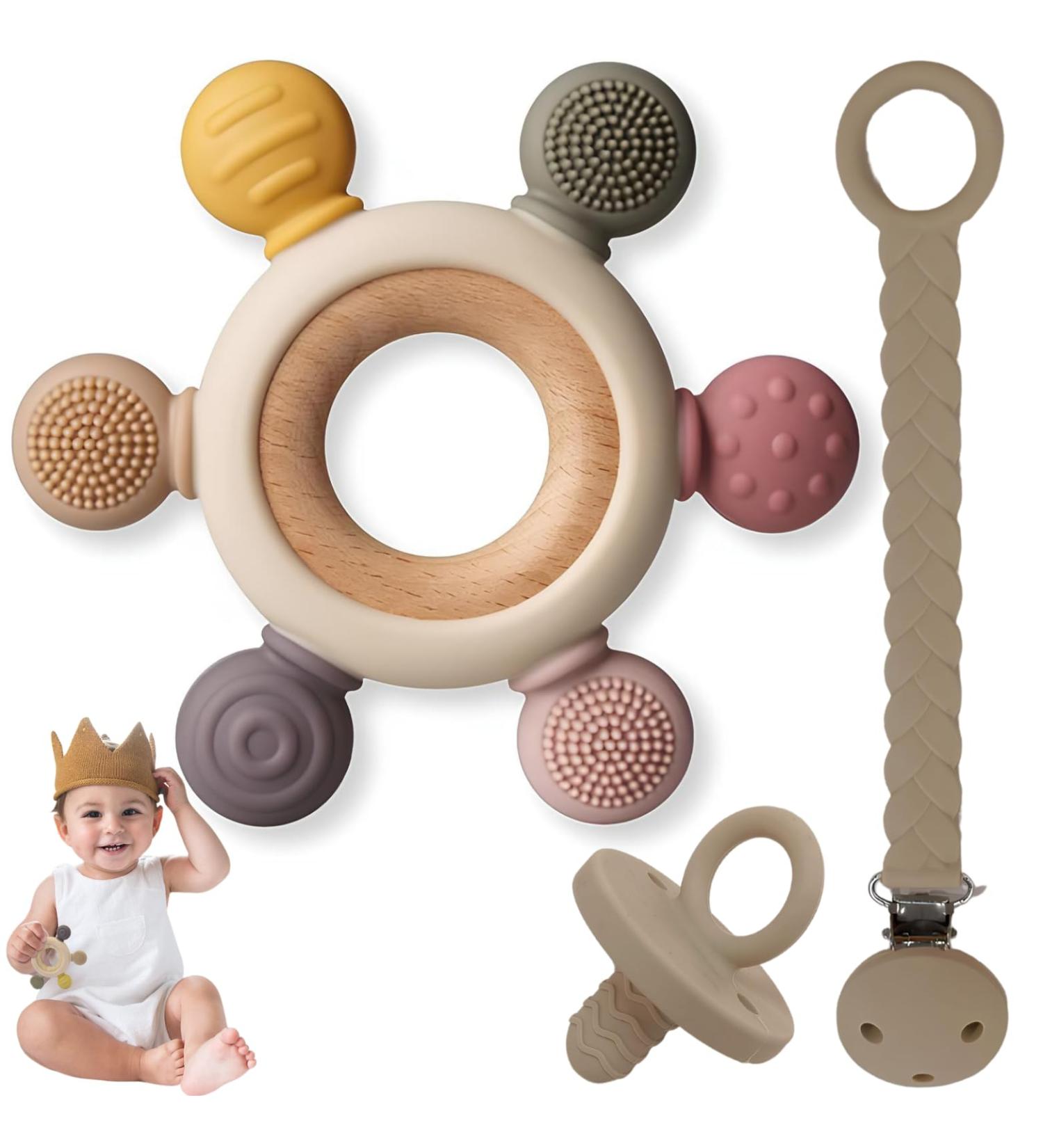 Cometrade Bite Ring for Babies | LFGB Silicone Kauringe & Natural Wooden Ring | Pacifier & Clip Set | Gummy Relief for Newborns & 3+ Months (Beige) - Buy Online on GoSupps.com