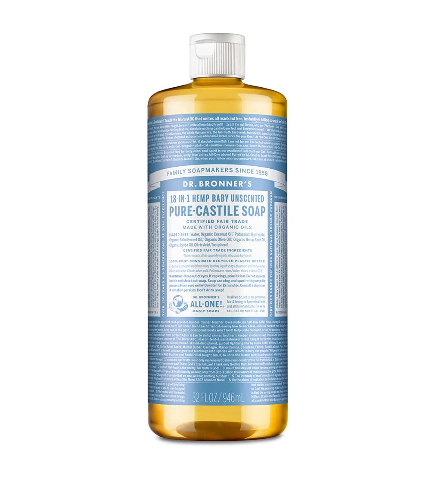 Dr. Bronner's Baby Unscented Pure-Castile Liquid Soap - 32 oz - Organic Oils - 18-in-1 Uses - Gentle for Sensitive Skin - Vegan - Buy Online on GoSupps.com