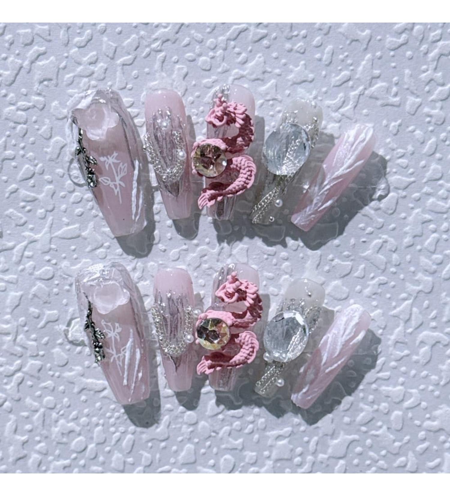 Hand Worn Nail Pink Chinese Loong Nude Removable Reusable False Nail Enhancement Patch(XS) - Buy Online on GoSupps.com