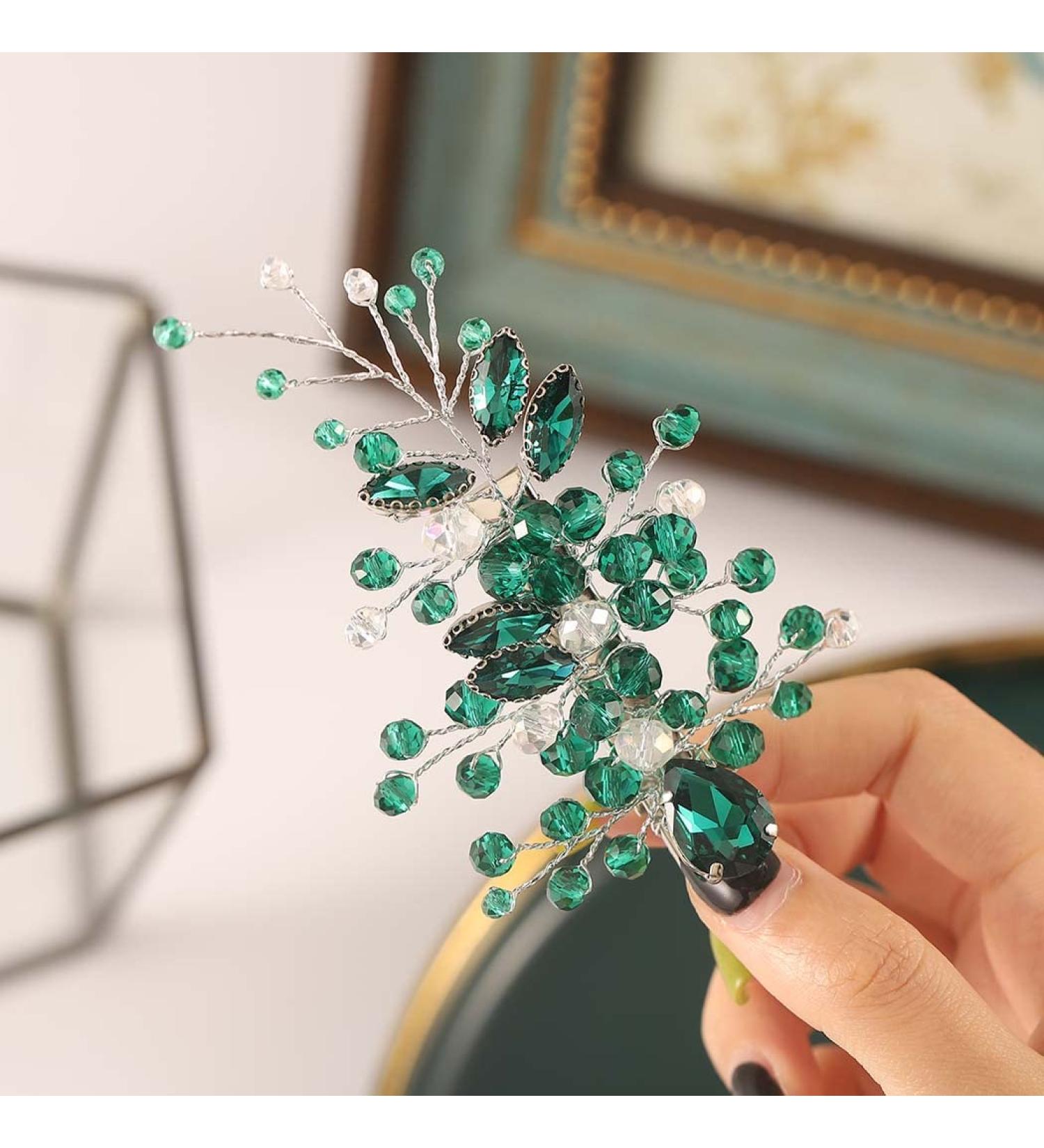 Crystal Bride Wedding Hair Clip - Silver Rhinestone Bridal Accessories for Women and Girls (D Green) - Buy Online on GoSupps.com
