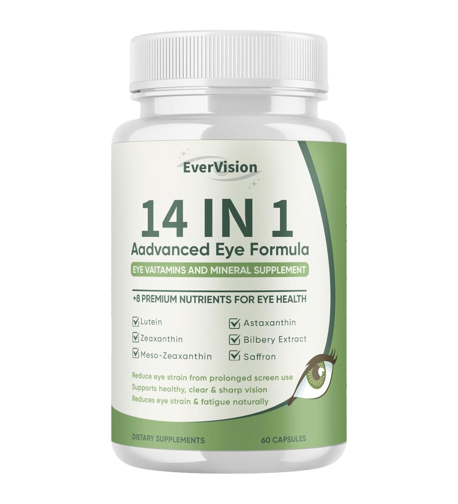 EVERVISION 14 in 1 Advanced Eye Formula Eye Supplement with Lutein Zeaxanthin Astaxanthin Bilberry Extract & Zinc Eye Vitamin and Mineral Supplement for Adults & Seniors 60 Capsules (1) - Buy Online on GoSupps.com