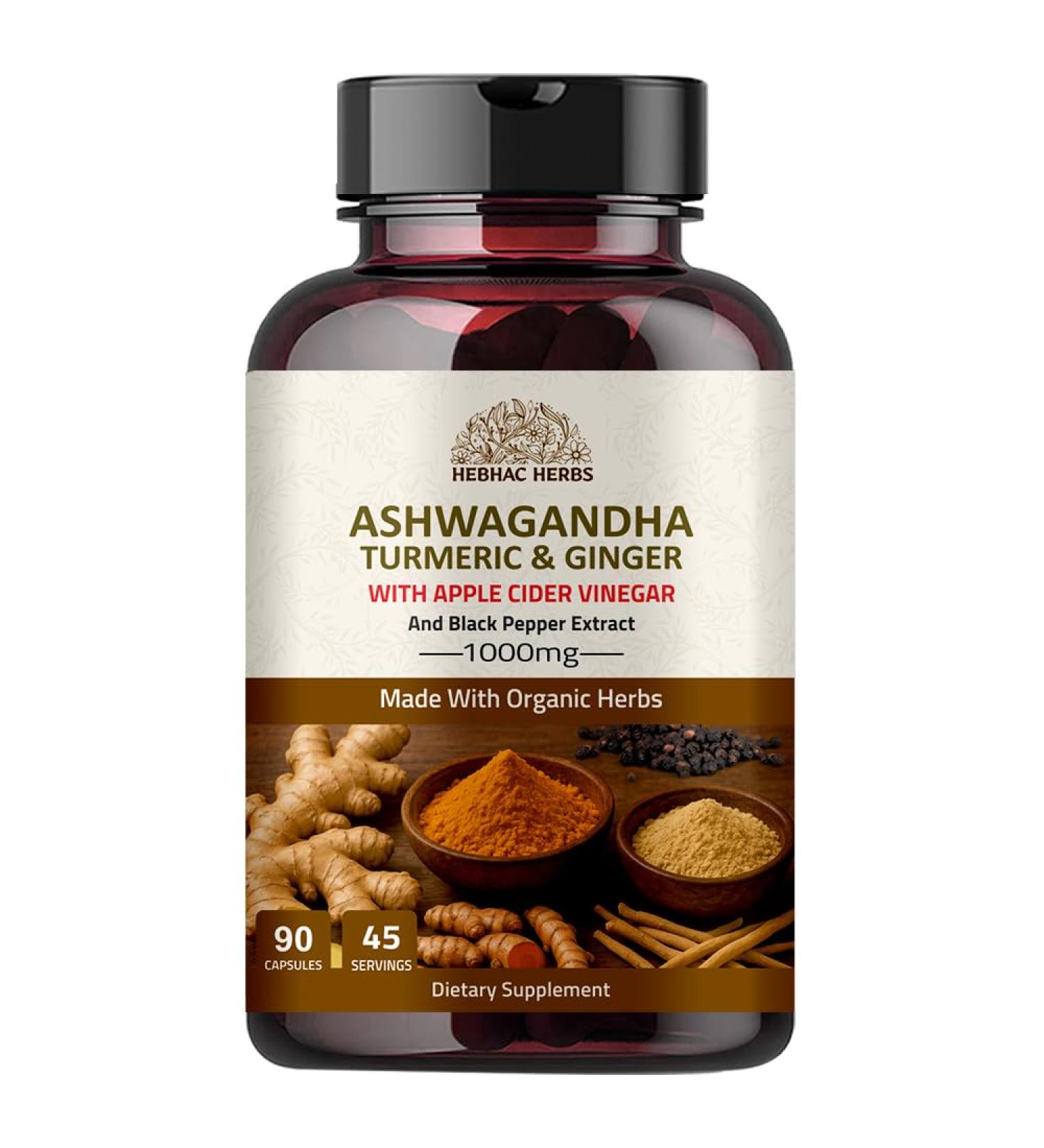 Hebhac Herbs Ashwagandha Capsules 90 Capsules 1000mg with Turmeric Ginger Apple Cider Vinegar and Black Pepper Extract | GMO Free Gluten Free Vegan | 45 Days Supply. - Buy Online on GoSupps.com