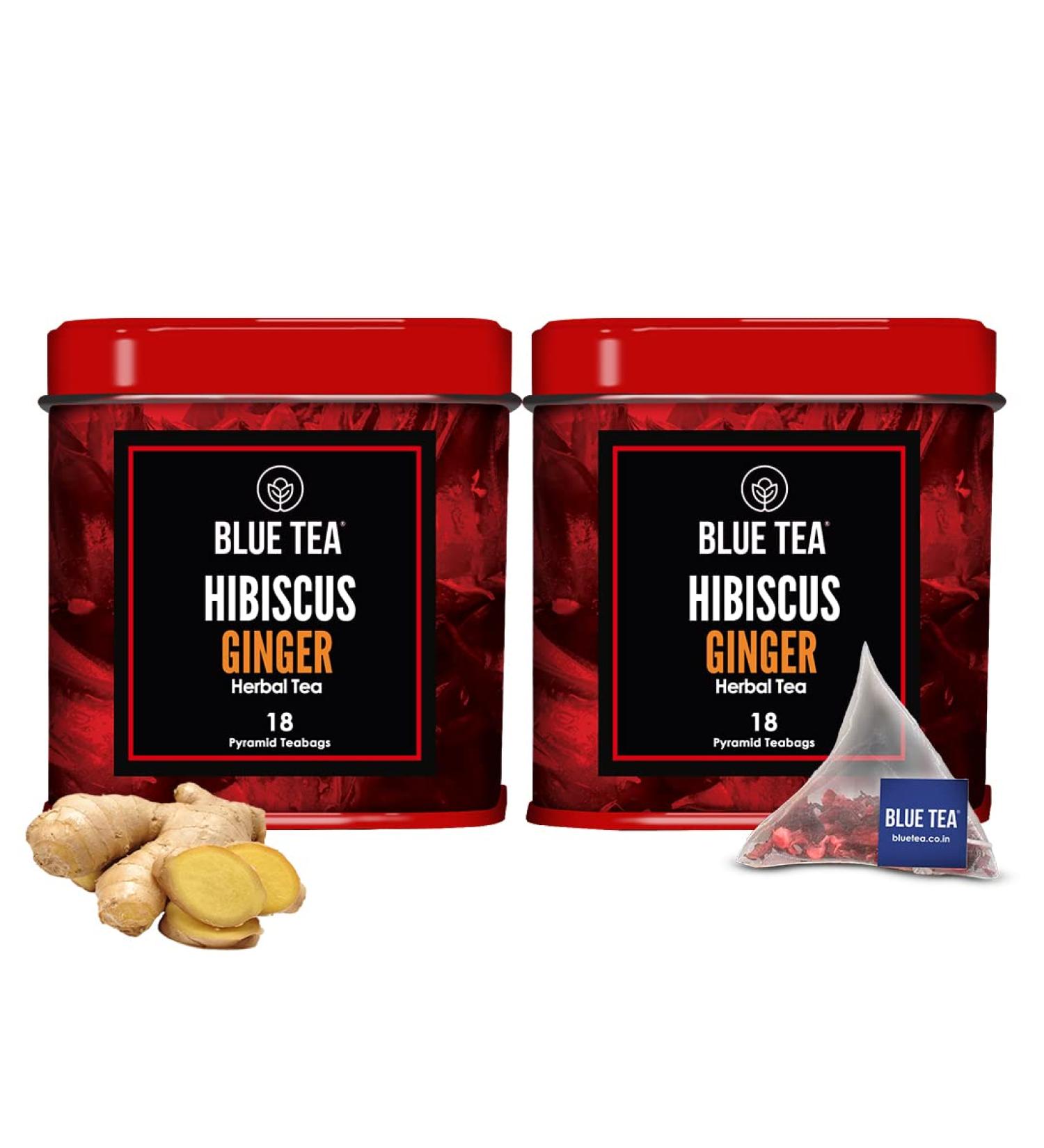 BLUE TEA - Hibiscus Ginger Herbal Tea - 36 Tea Bags (Pack of 2) || CAFFEINE FREE |Detox - Soothing Tea| Vegan - Gluten Free - Tin Packing(18X2) - Buy Online on GoSupps.com