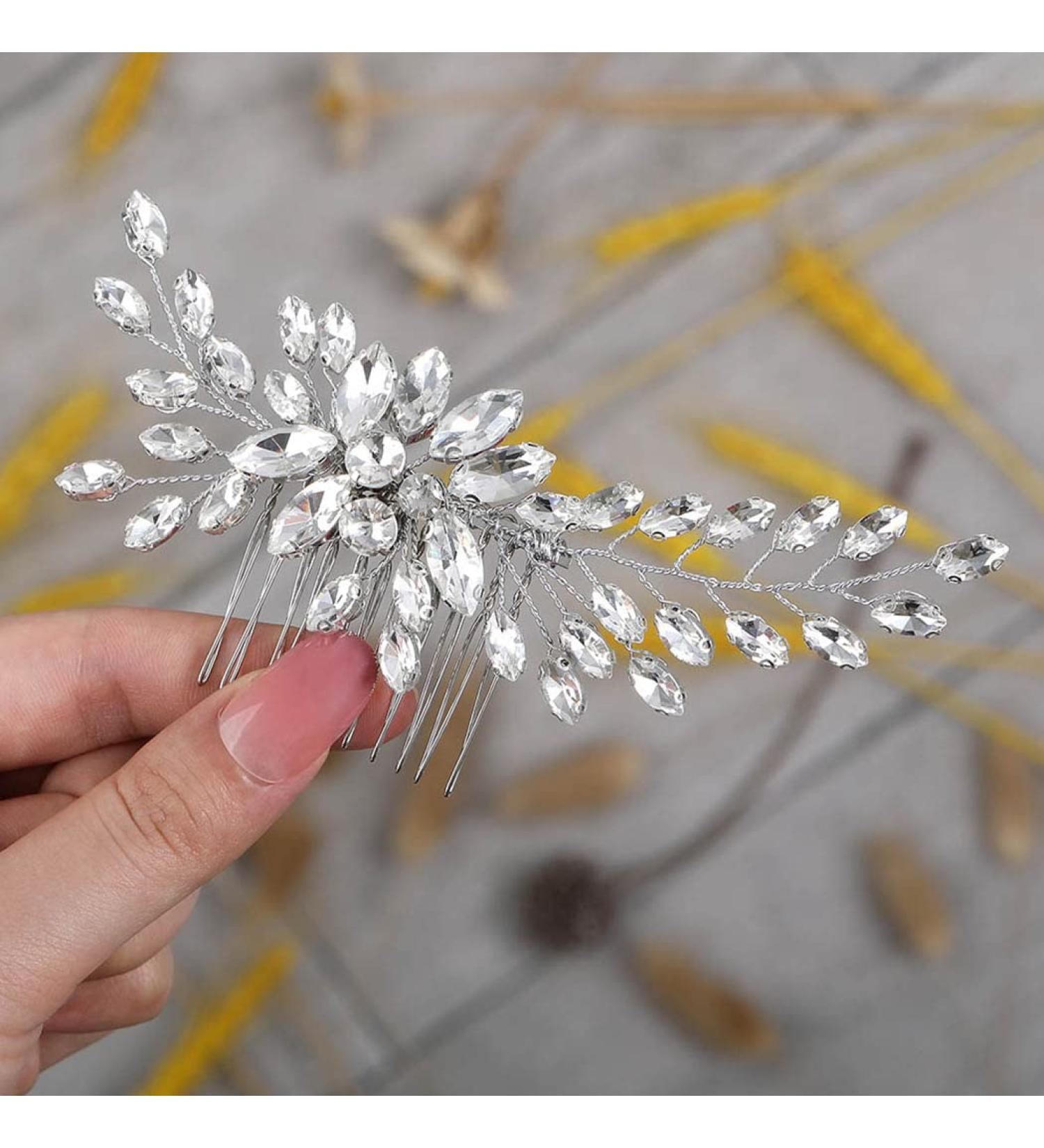 Handcess Bridal Wedding Crystal Hair Combs | Silver Leaves Rhinestone Headpiece & Hair Accessories for Women & Girls - Buy Online on GoSupps.com